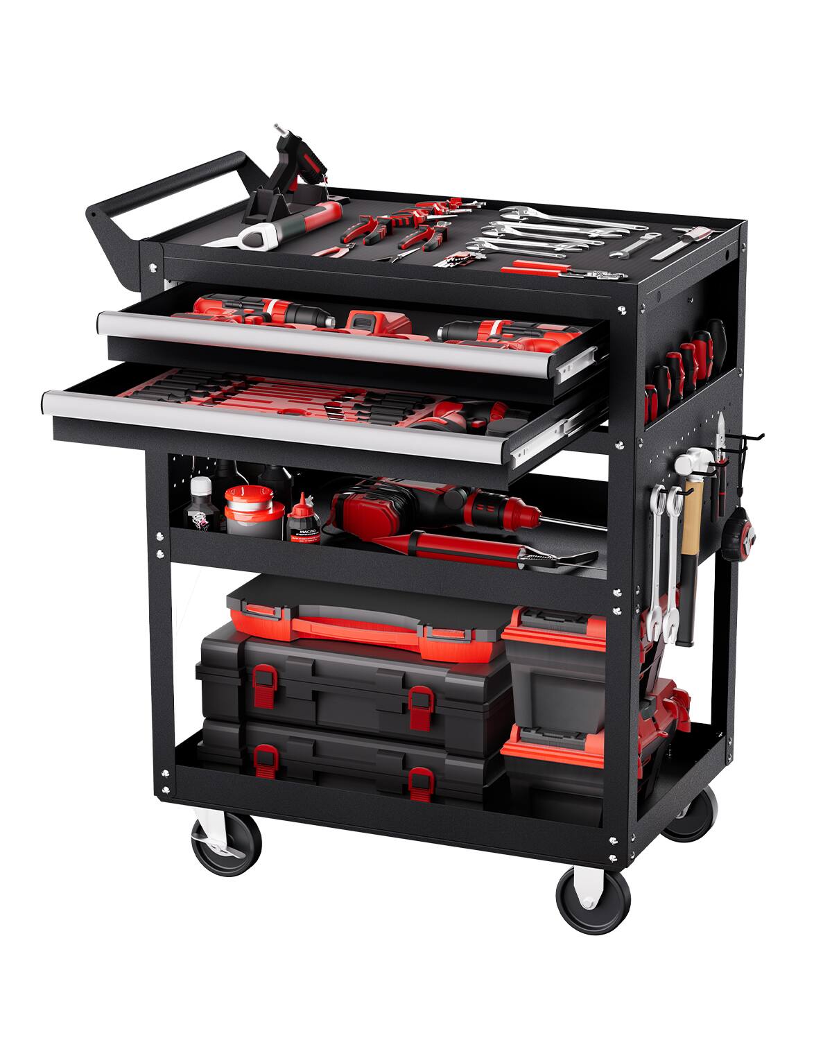 Front. VEVOR - 5-Tier Tool Cart with Wheels, 400 lbs Load Capacity, Rolling Work Cart with 2 Drawers & Pegboard - Black.