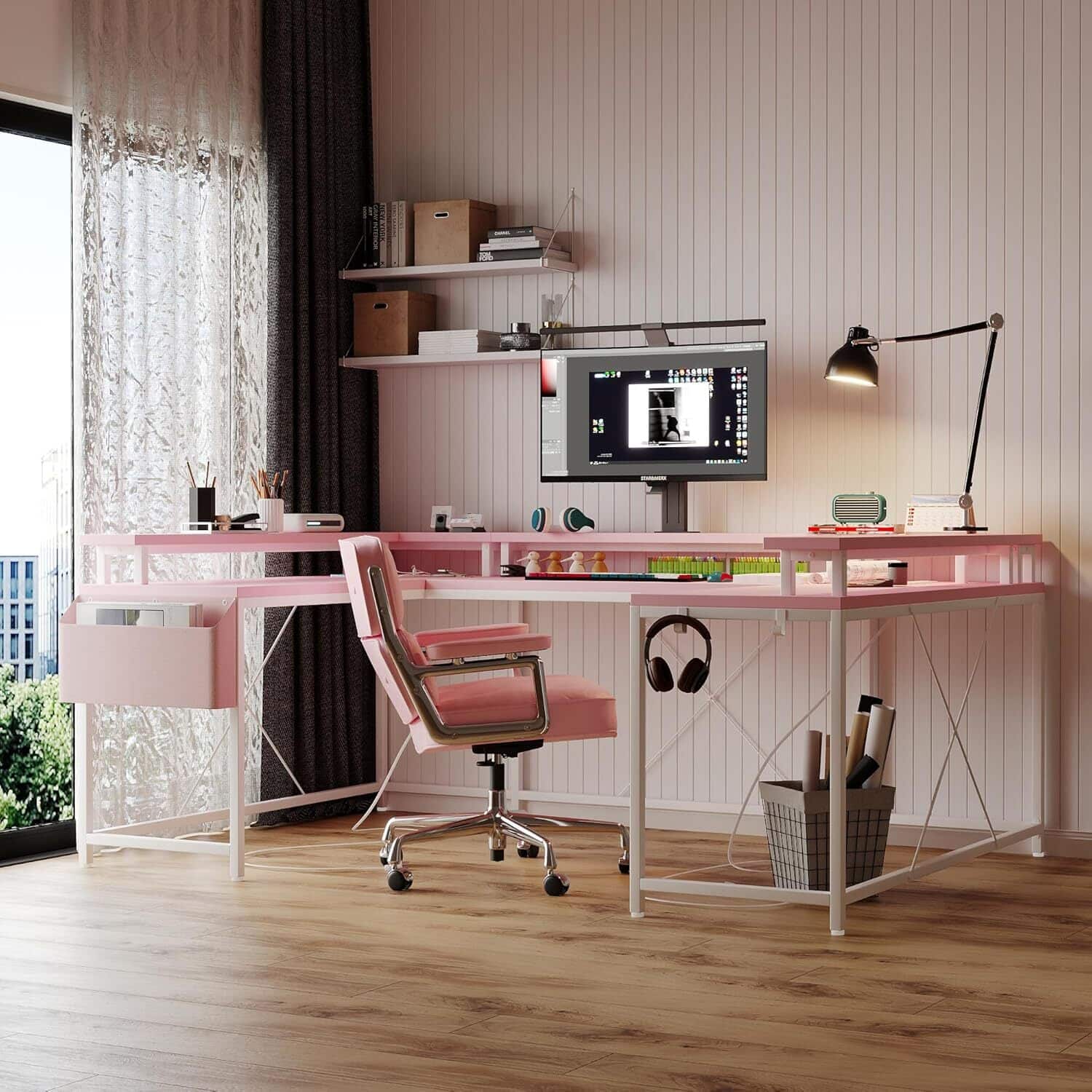 Acekool - U Shaped Computer Gaming Desk with LED Lights, Pink