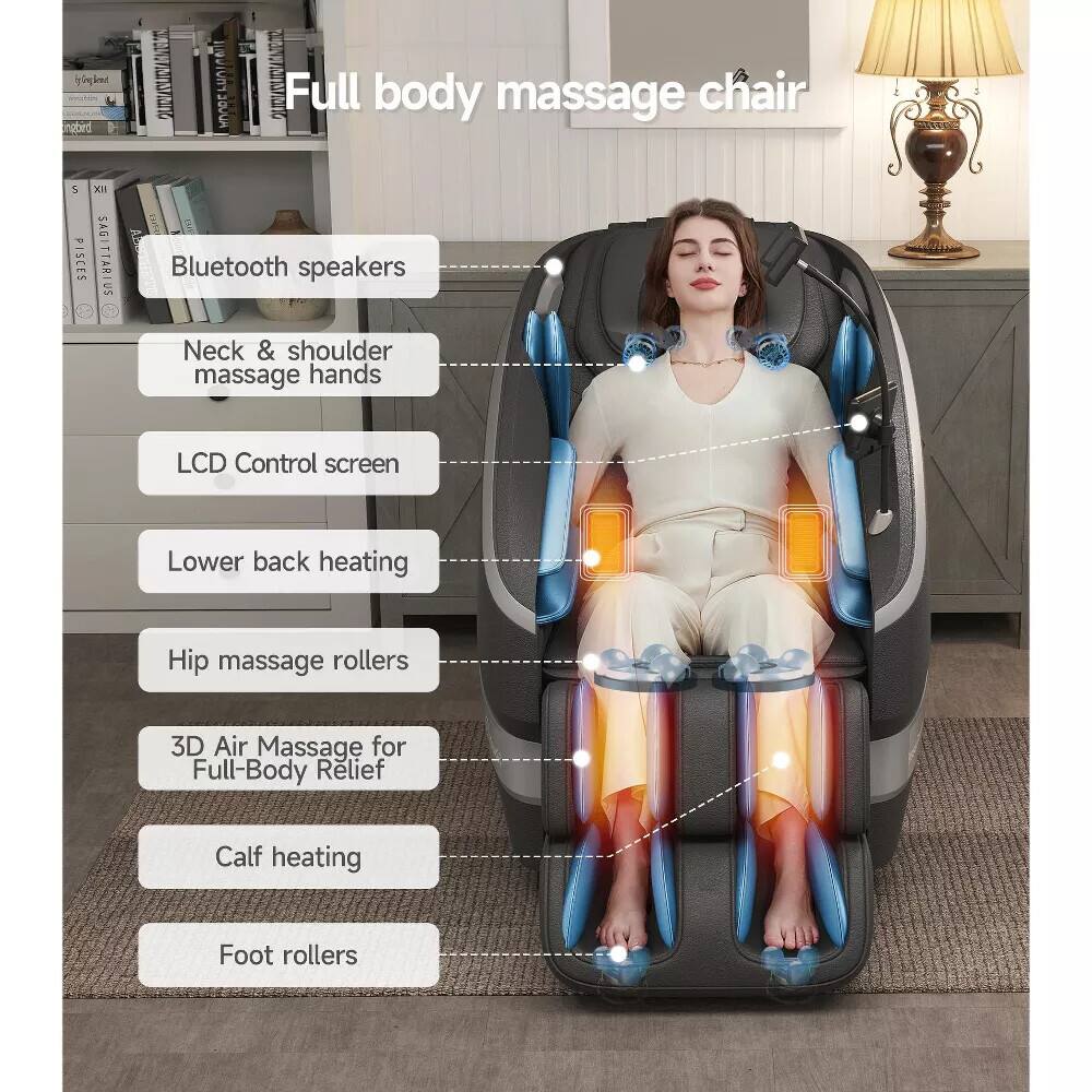 Full body massage chair

- Bluetooth speakers
- Neck & shoulder massage hands
- LCD Control screen
- Lower back heating
- Hip massage rollers
- 3D Air Massage for Full-Body Relief
- Calf heating
- Foot rollers