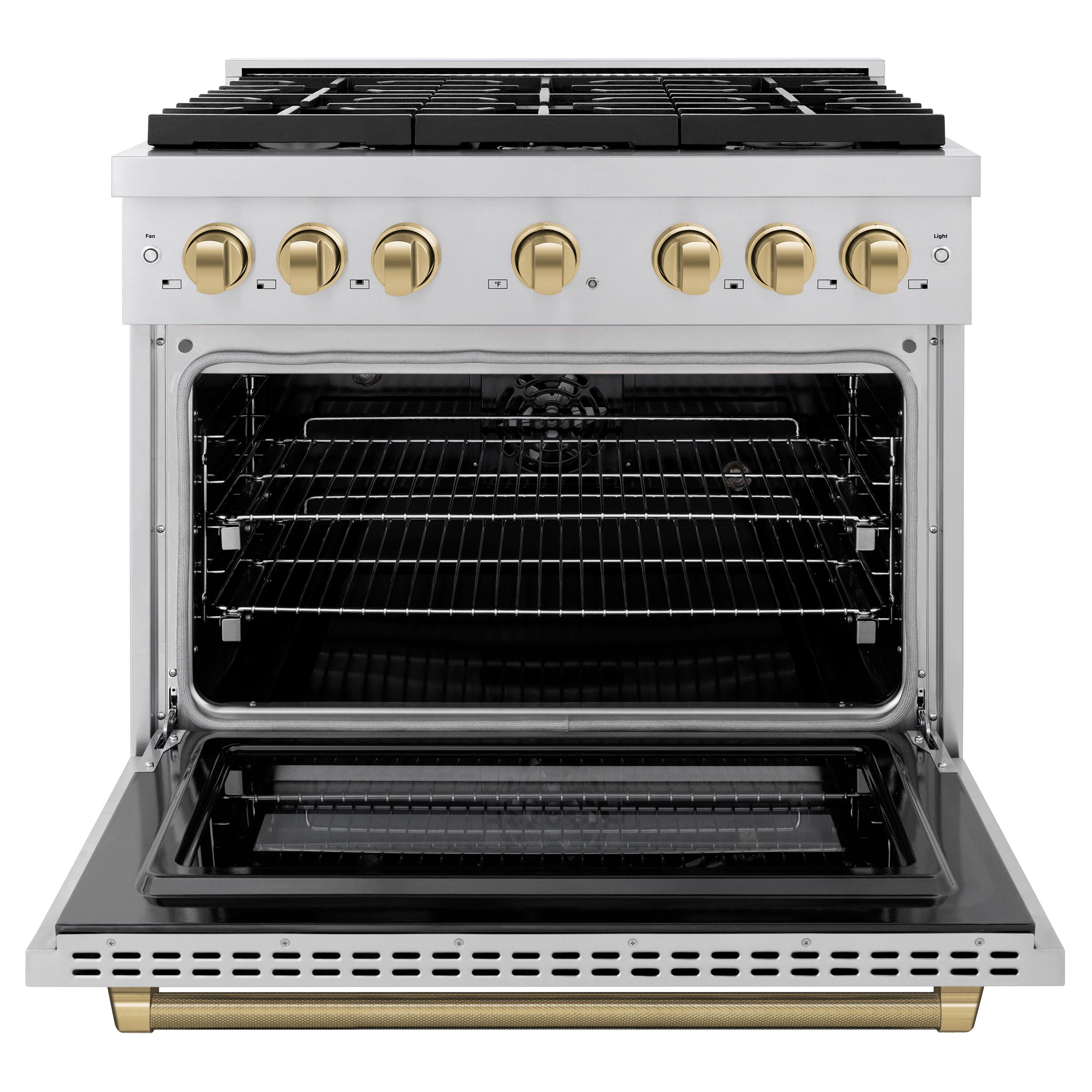Angle. ZLINE - ZLINE Autograph 36 in. 5.2 cu. ft. Freestanding Paramount Dual Fuel Range in Stainless Steel with Bronze Helix Handle - Stainless Steel.