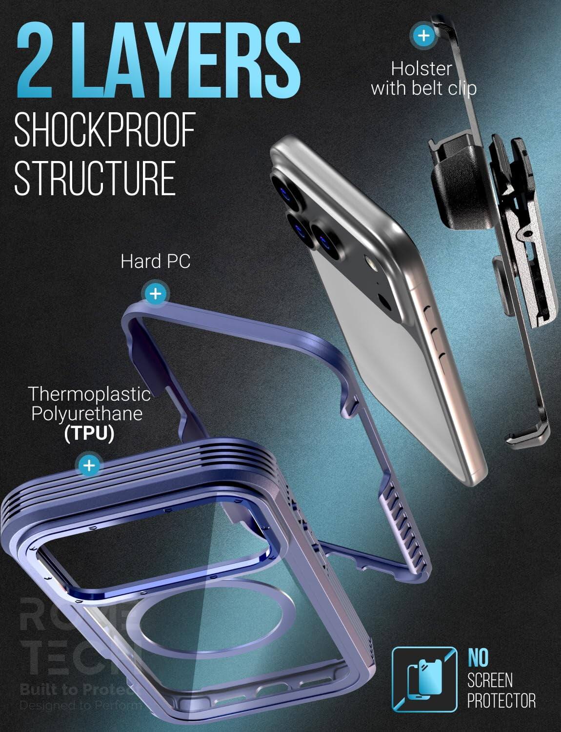 2 LAYERS  
SHOCKPROOF STRUCTURE  

+ Holster with belt clip  
+ Hard PC  
+ Thermoplastic Polyurethane (TPU)  

NO SCREEN PROTECTOR  

Built to Protect  
Designed to Perform