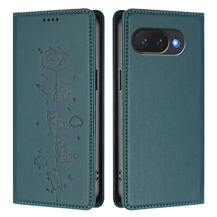 Front. Dteck - for Google Pixel 10a Shockproof Case,Slim Cute Cat Embossed PU Leather RFID Blocking Wallet Flip Card Holder Cover - Darkgreen.