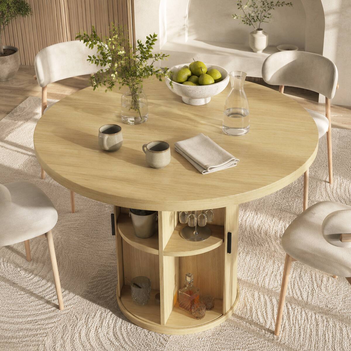 Left. Dyonery - 35.5" Round Dining Table with Storage Shelf, Modern Fluted Kitchen Table for Small Space - Oak.