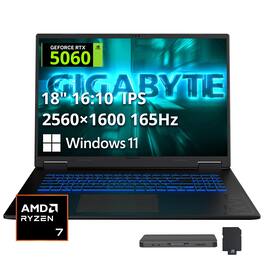 GIGABYTE - GAMING A18 18" Gaming Laptop,AMD Ryzen 7 260,NVIDIA GeForce RTX 5060,32GB,1TB SSD+1TB Dock Set,Backlit,Win 11 - Black
