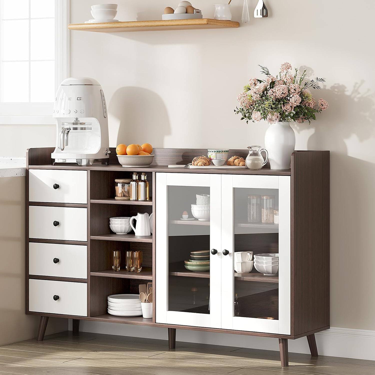 Alt View 5. Jojoka - 55 in Farmhouse Buffet Cabinet Sideboard with Glass Doors and Adjustable Shelves - Black.