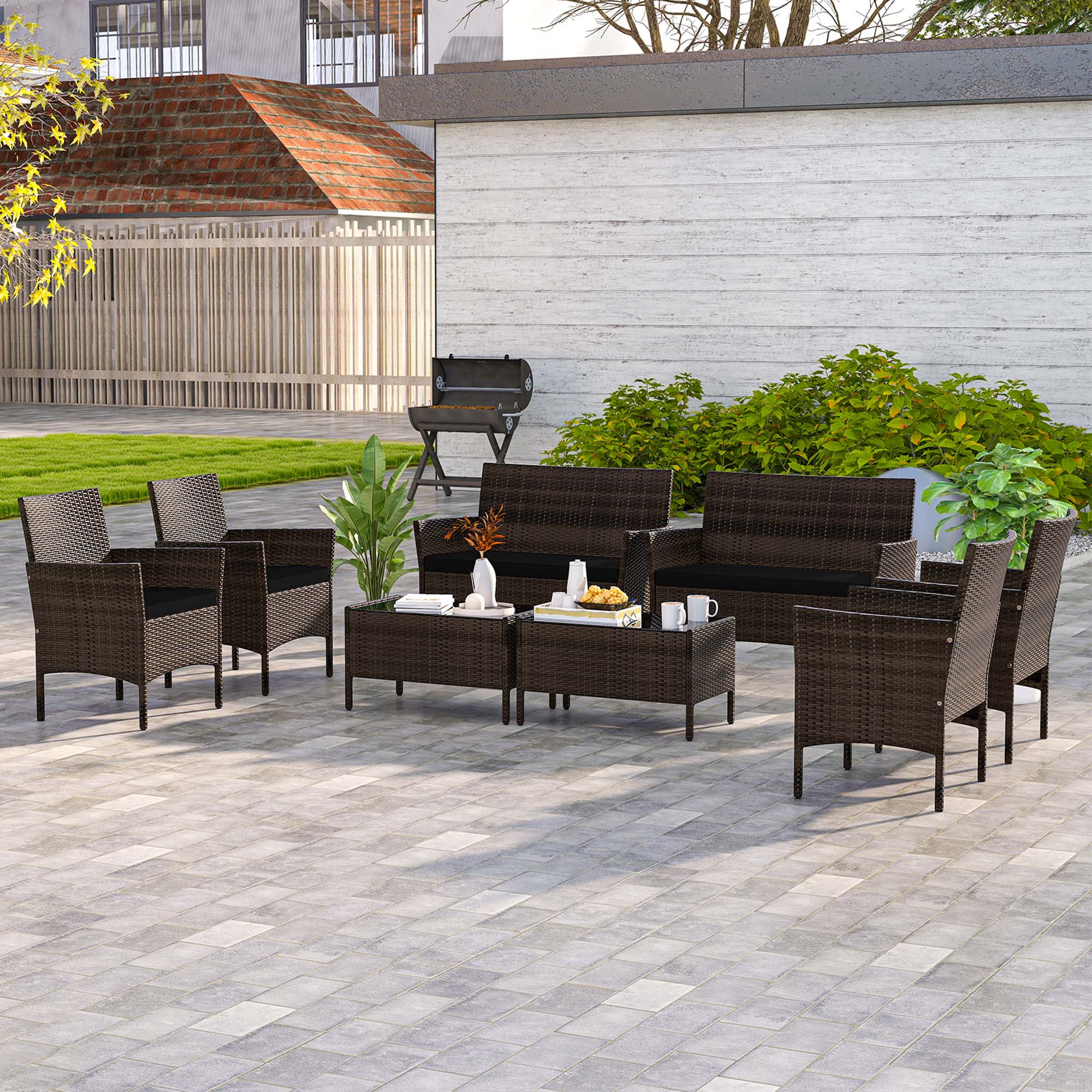 Alt View 1. Costway - 8 PCS Patio Furniture Set with Washable Cushions and Tempered Glass Coffee Table - Black + Mix Brown.
