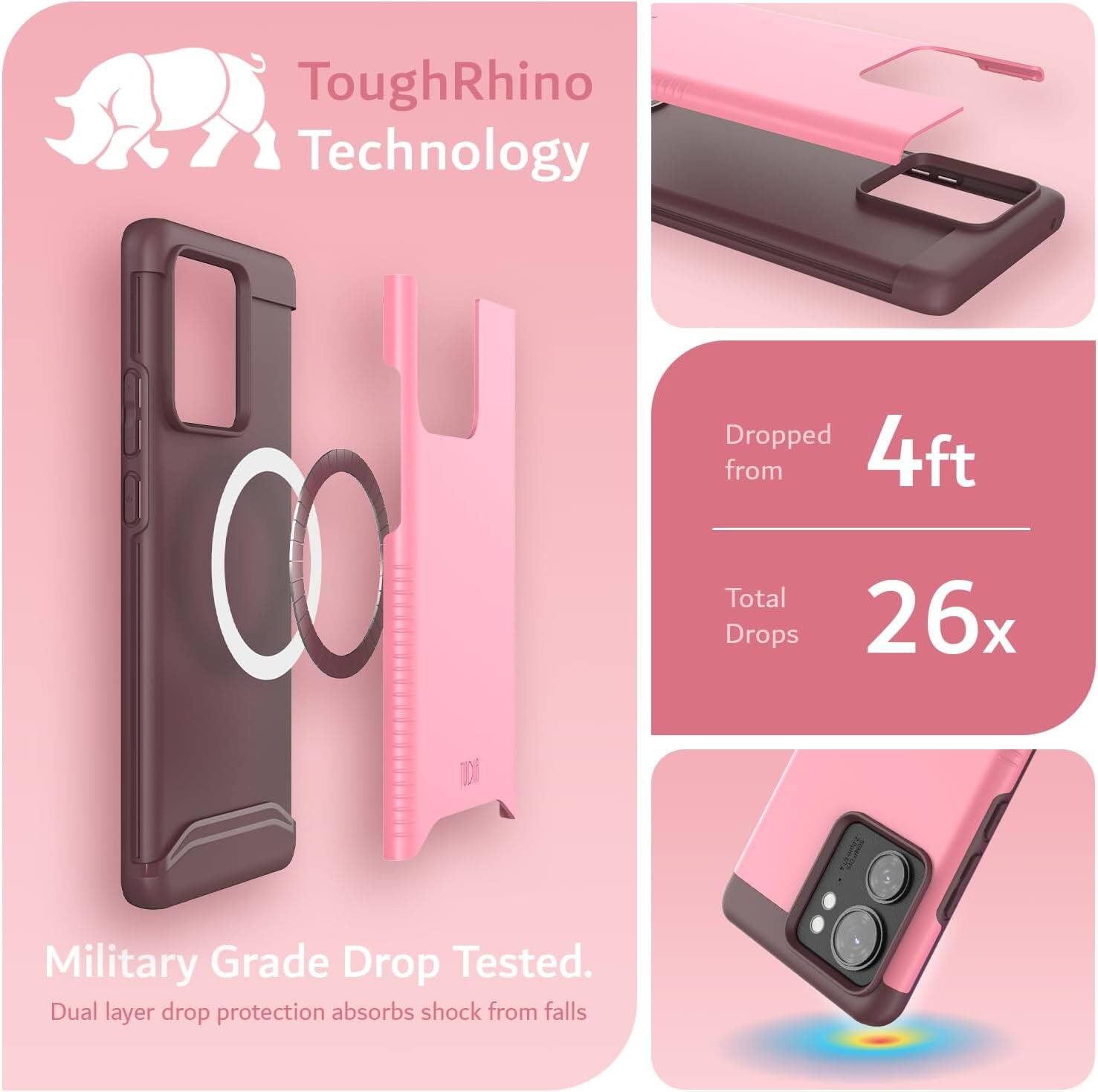 ToughRhino Technology

Dropped from 4ft  
Total Drops 26x

Military Grade Drop Tested.  
Dual layer drop protection absorbs shock from falls