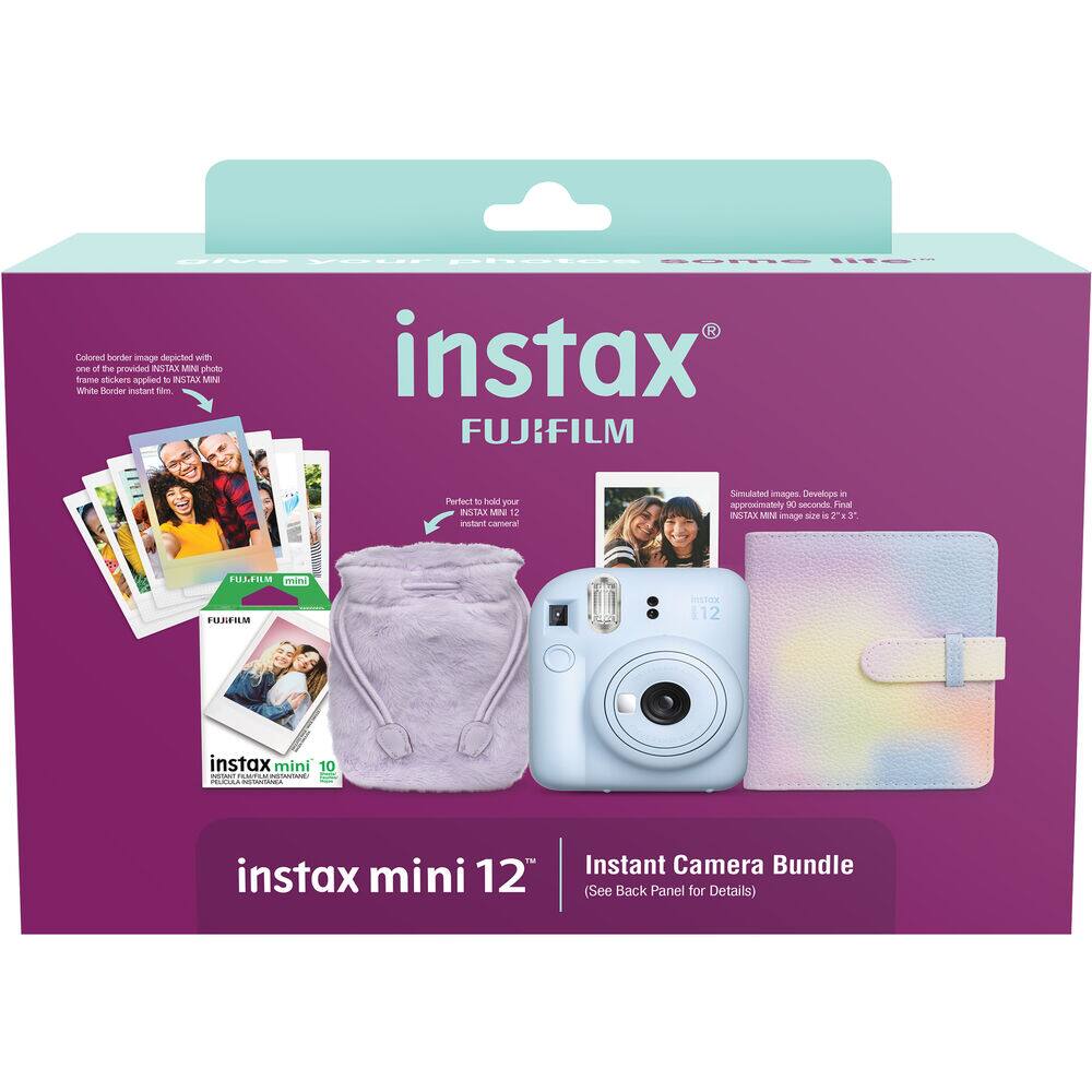 instax mini 12  
FUJIFILM  
Instant Camera Bundle  
(See Back Panel for Details)  

instax mini 10  
FUJIFILM  

Colored border image depicted with one of the provided INSTAX MINI photo frame stickers applied to INSTAX MINI White Border instant film.  

Simulated images. Develops in approximately 90 seconds. Final INSTAX MINI image size is 2" x 3".