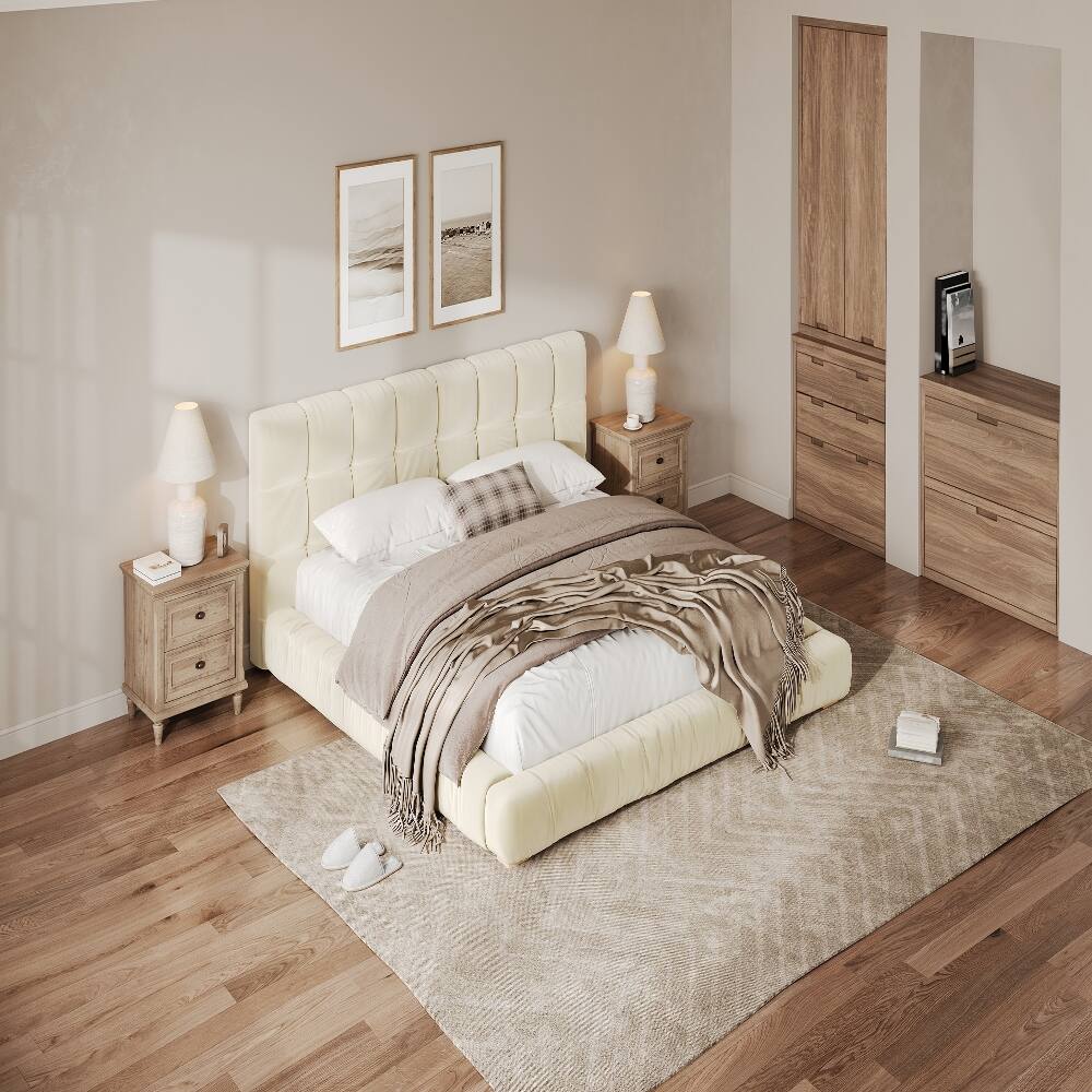 Alt View 2. Loheer - Loheer King Size Bed Frame Upholstered Platform Bed Velvet Beige Tufted Headboard Low Profile - Beige.