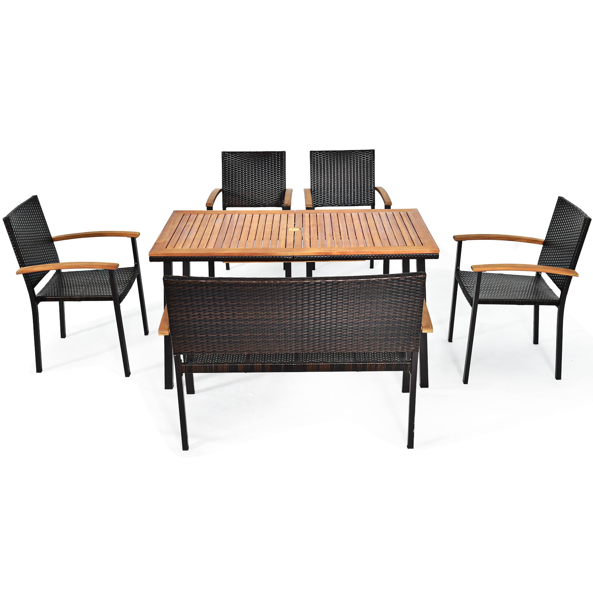 Alt View 8. Gymax - Gymax 6PCS Rattan Outdoor Dining Set Patio Furniture Set w/ Wooden Tabletop - Black.