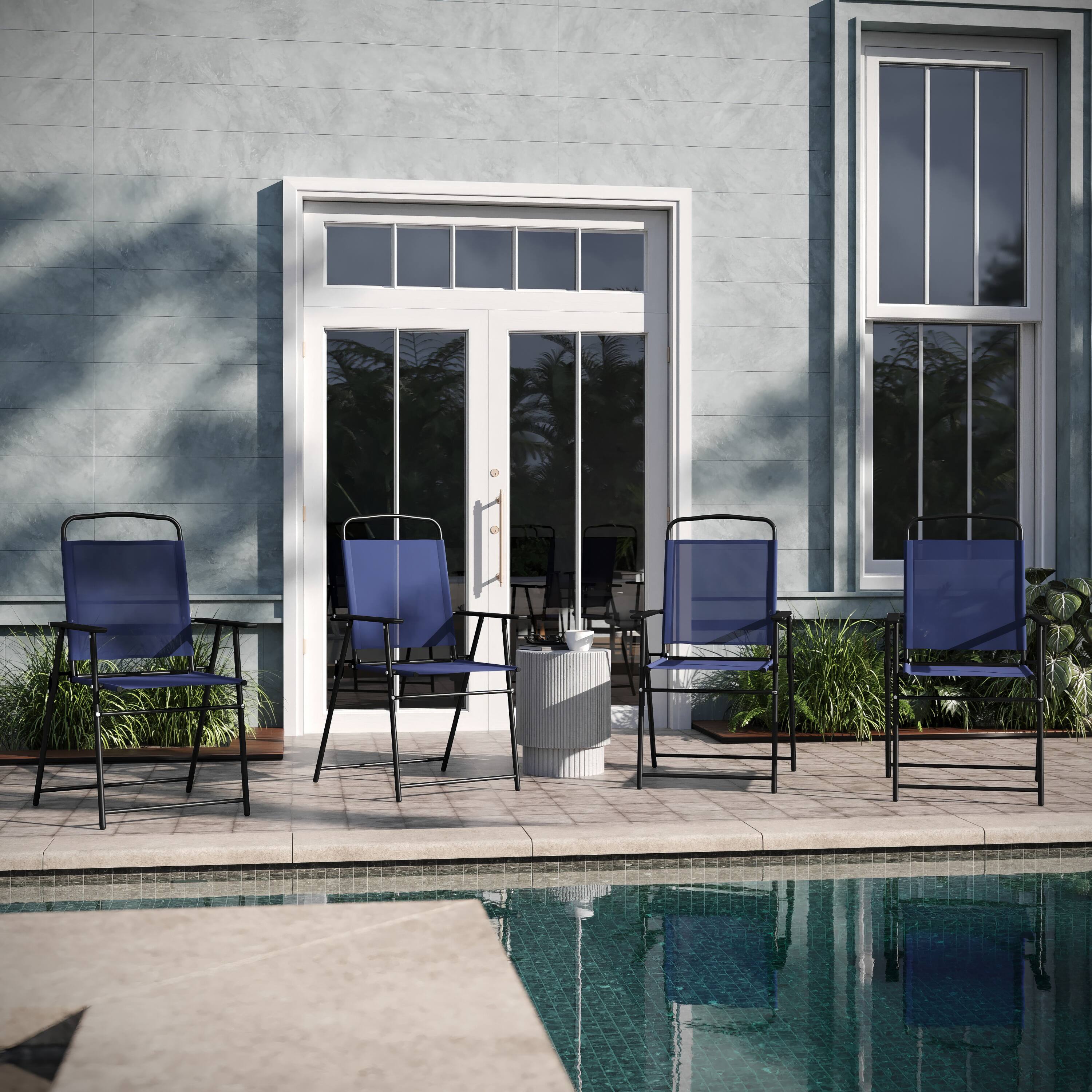 Alt View 2. Emma + Oliver - Munroe Set of 4 Textilene Folding Sling Style Patio Chairs with Armrests - Navy.