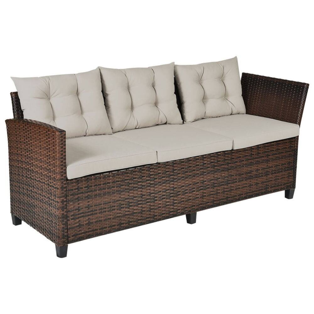 Back. Pefilos - 3 Pieces Hand-Woven Rattan Outdoor Sofa Set with Dining Table, Outdoor Sofa Set with Steel Frame and Hand-Woven Ratt - Brown.