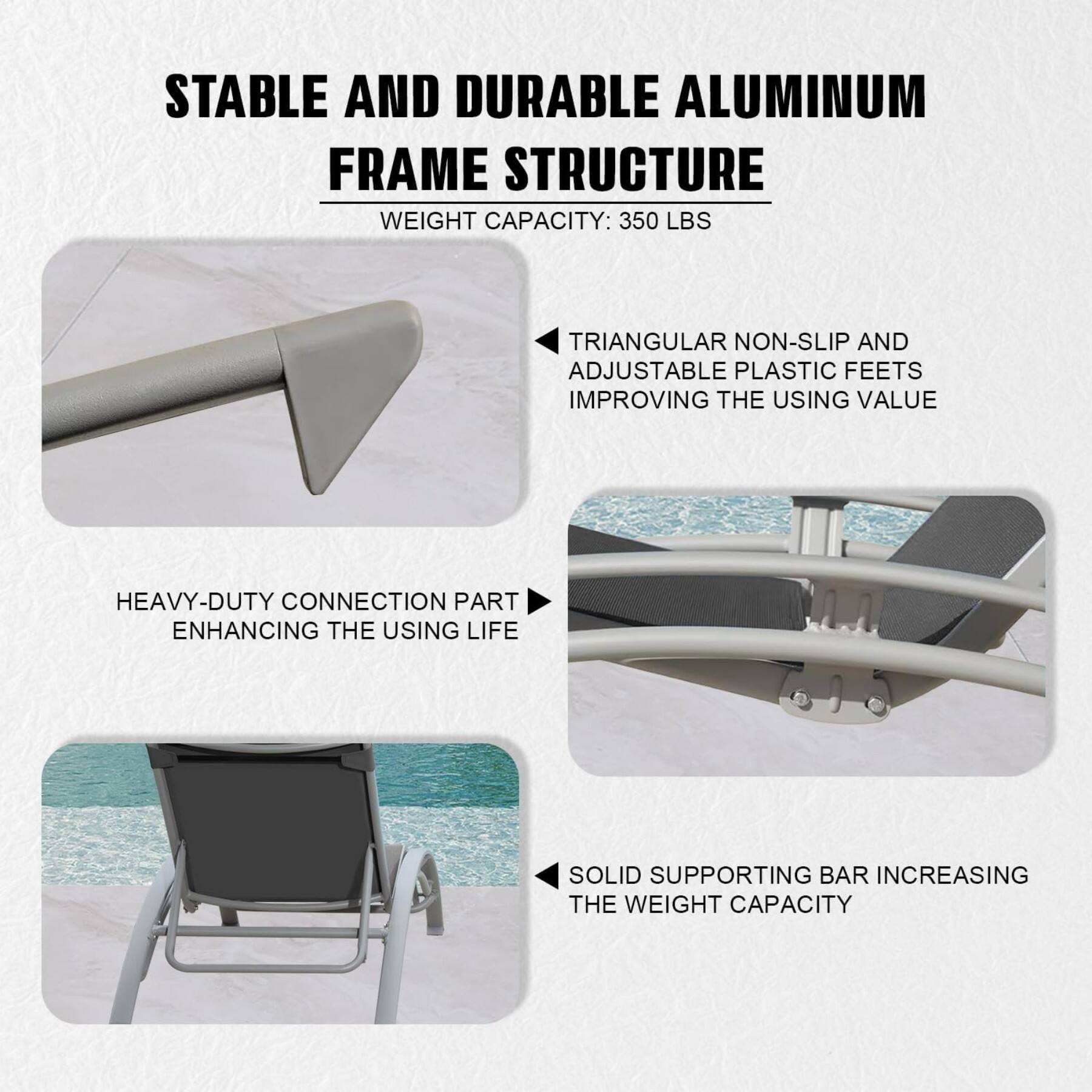 STABLE AND DURABLE ALUMINUM FRAME STRUCTURE  
WEIGHT CAPACITY: 350 LBS  

- TRIANGULAR NON-SLIP AND ADJUSTABLE PLASTIC FEETS IMPROVING THE USING VALUE  
- HEAVY-DUTY CONNECTION PART ENHANCING THE USING LIFE  
- SOLID SUPPORTING BAR INCREASING THE WEIGHT CAPACITY