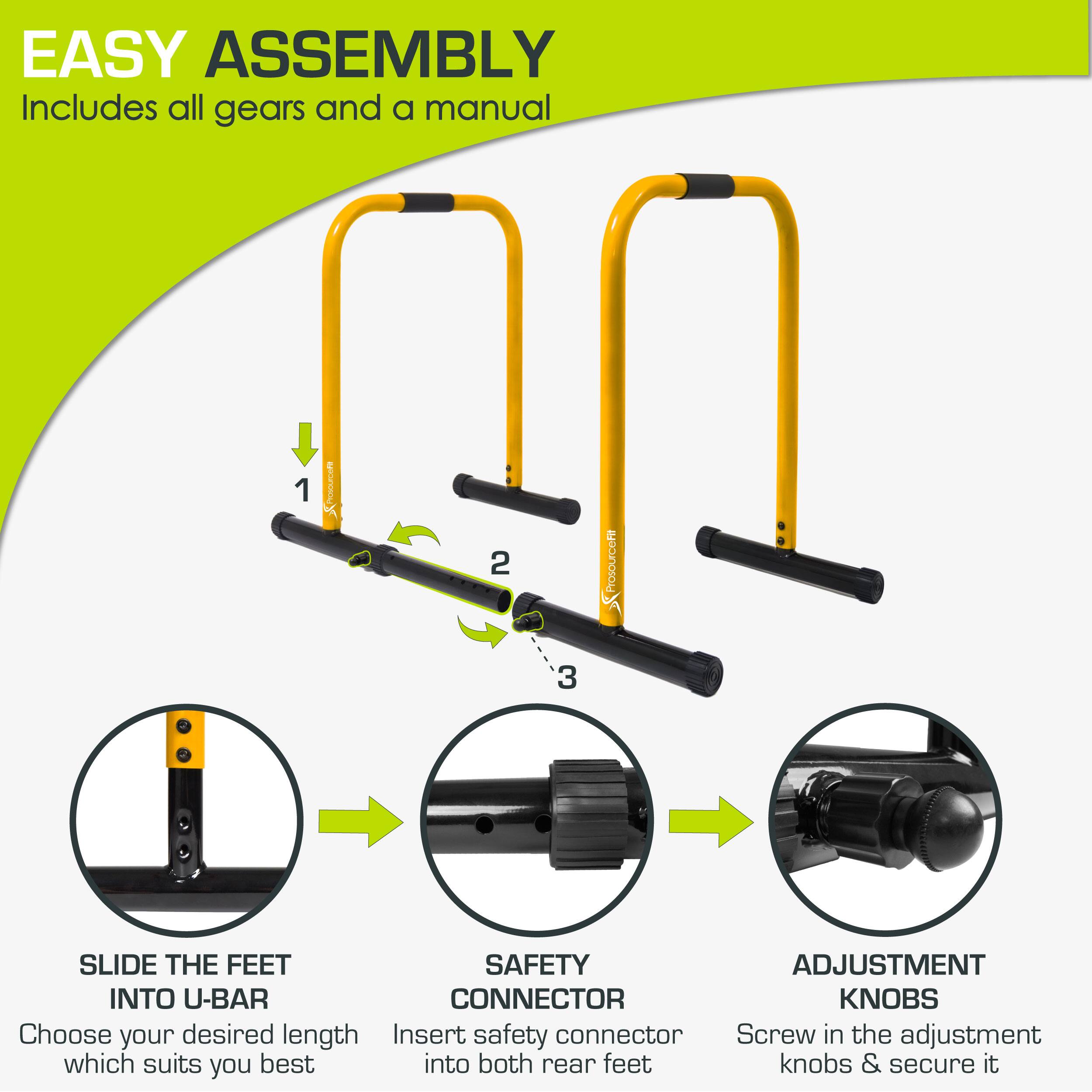 EASY ASSEMBLY Includes all gears and a manual

1. SLIDE THE FEET INTO U-BAR
Choose your desired length which suits you best

2. SAFETY CONNECTOR
Insert safety connector into both rear feet

3. ADJUSTMENT KNOBS
Screw in the adjustment knobs & secure it
