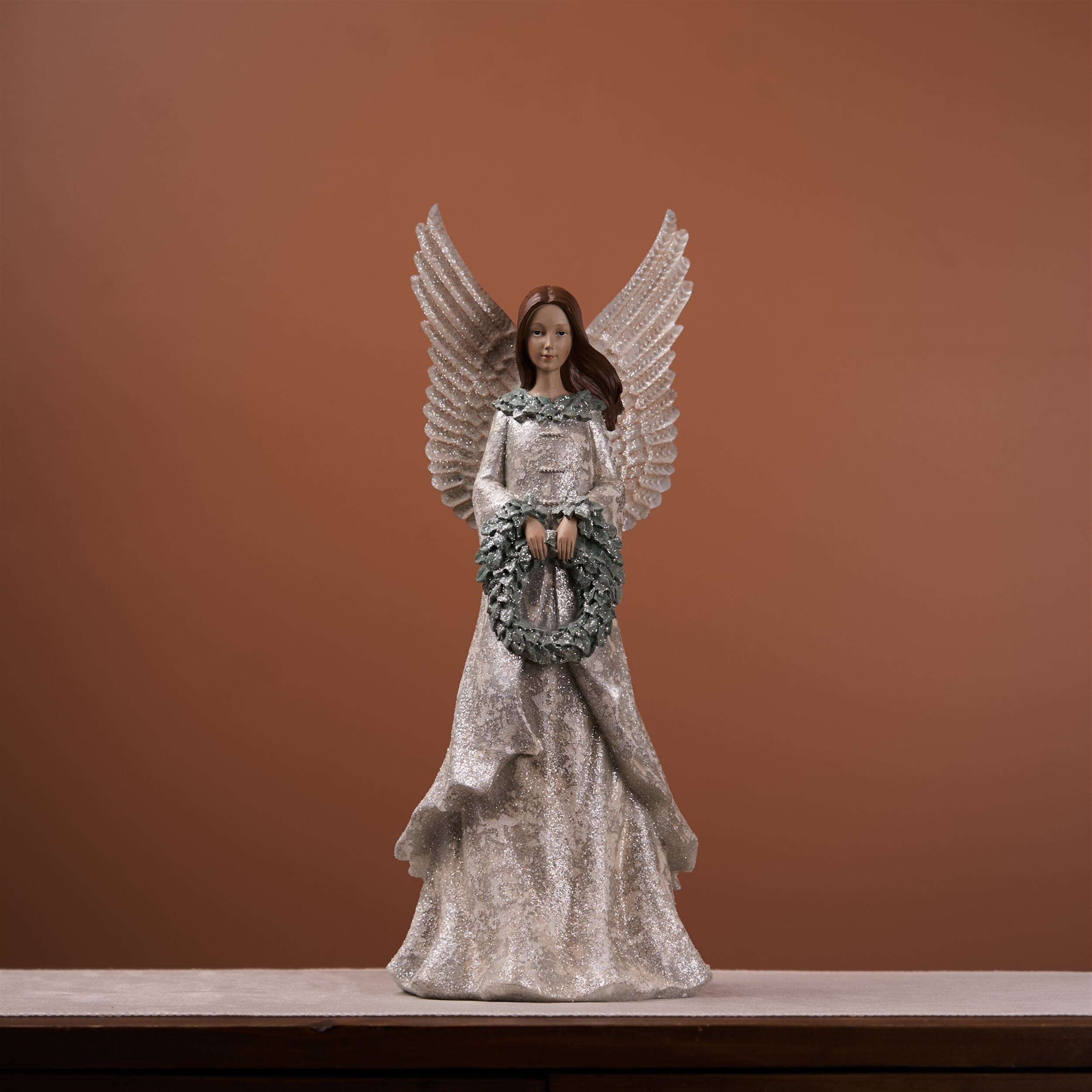 Angle. BreeBe - Winter Angel Figurine with Wreath 18.5"H - Ivory, Brown, Grey.