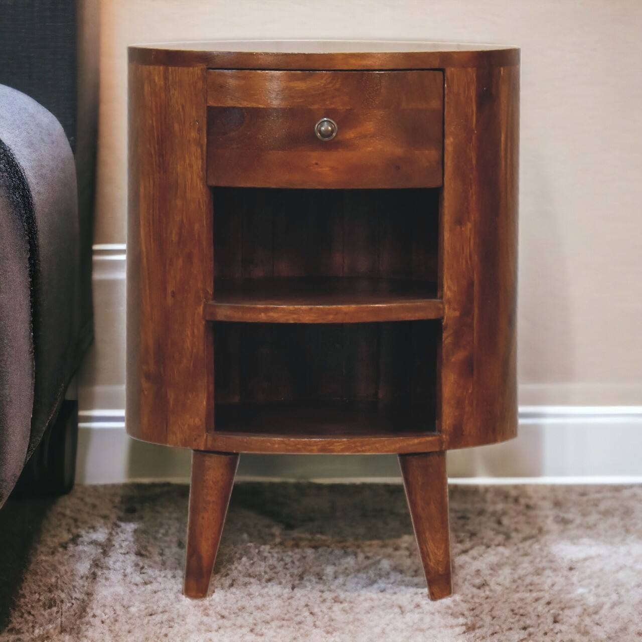 Alt View 6. Artisan Furniture - Artisan Furniture Solid Wood Cortez Chestnut Nightstand, 1 Drawer, 2 Open Slot, Nordic Legs, Dark Brown - Chestnut.