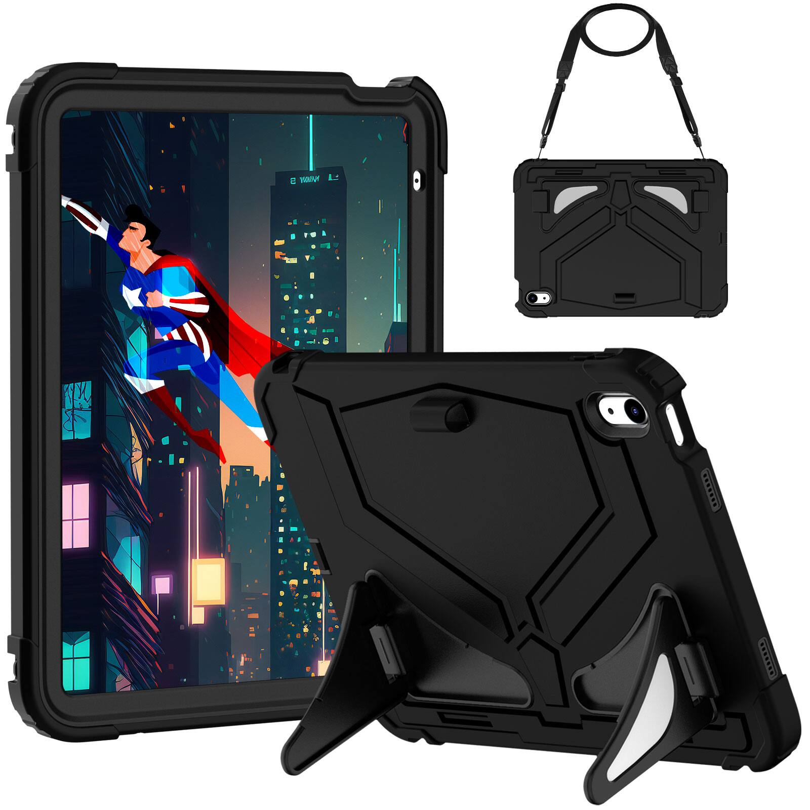 Alt View 3. Dteck - Case for iPad (A16) 11th Gen 2025 /10th Gen 10.9'' 2022 Rugged Shockproof 3 Layers Kickstand Cover With Crossbody Strap - Black.