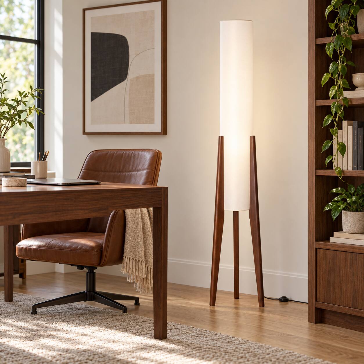 Back. E.P. Light - 51.2" Mid-Century Modern Walnut Wood Tripod Floor Lamp with Fabric Shade - Brown.