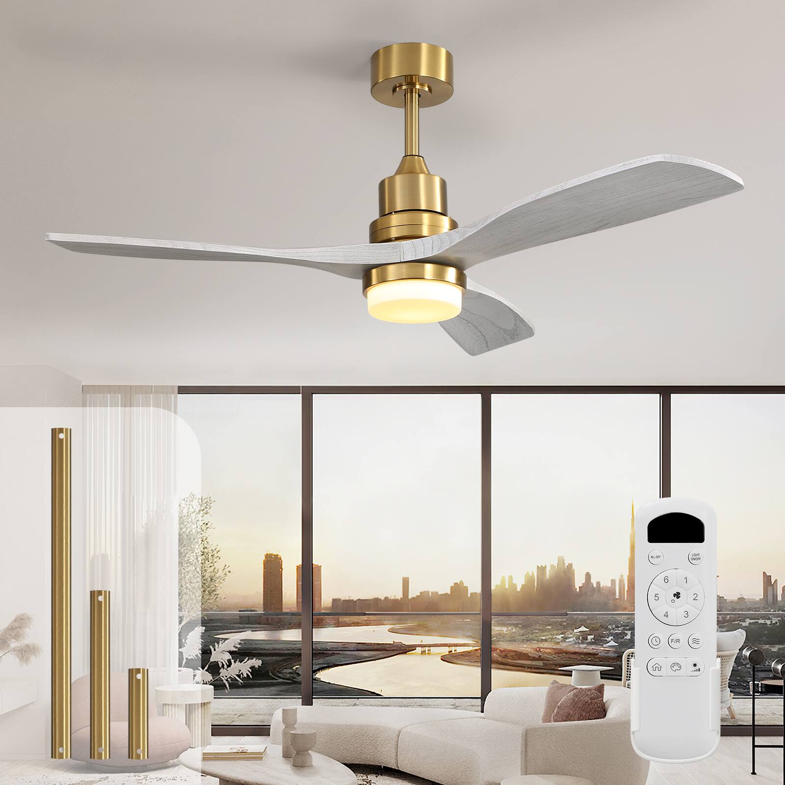 Alt View 8. Sofucor - Gold Modern Ceiling Fans with Light 52 Inch Indoor Outdoor 6 Adjustable Speeds Low Profile Wood Ceiling Fan For Bedro - Gold Grey Wood.