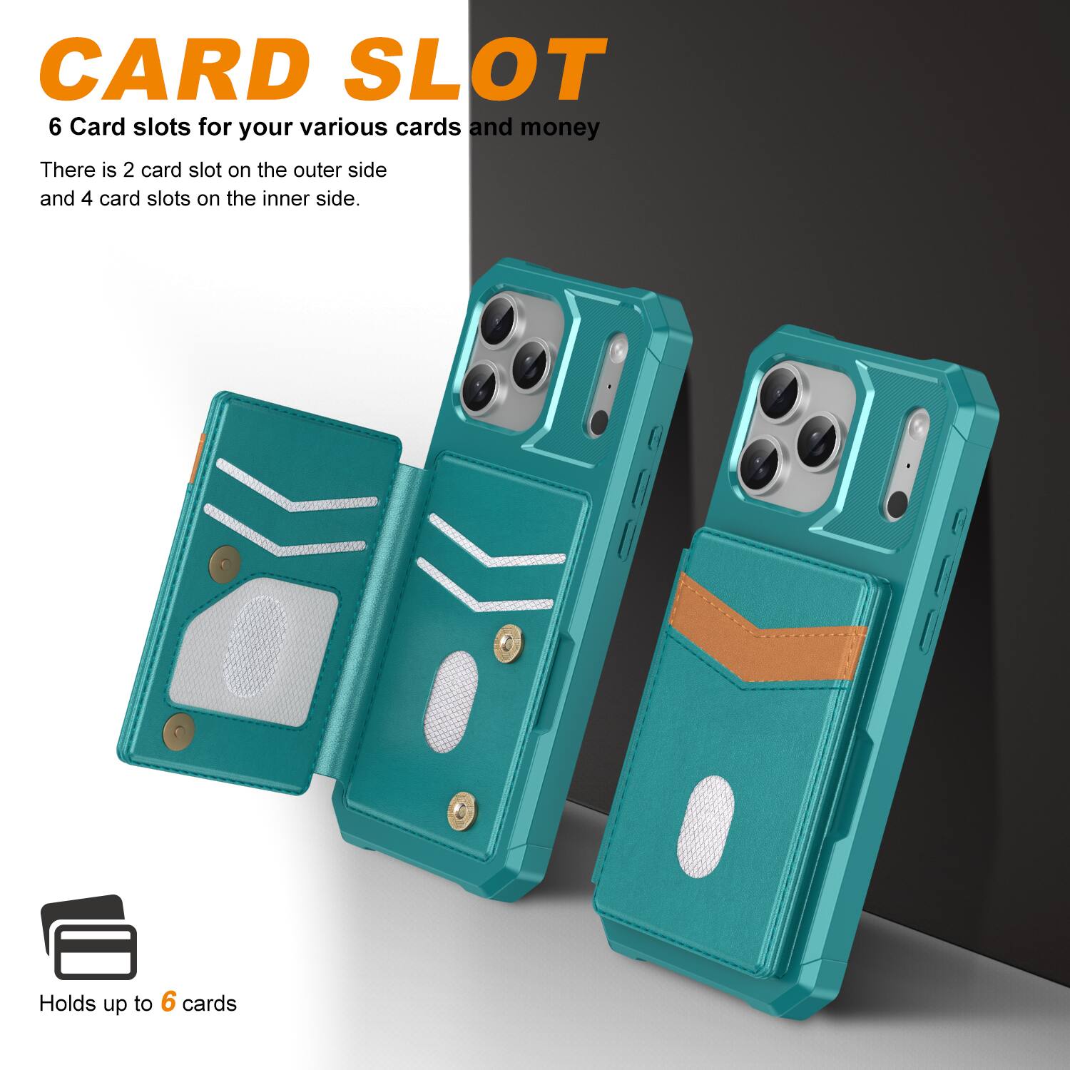 CARD SLOT  
6 Card slots for your various cards and money  
There is 2 card slot on the outer side and 4 card slots on the inner side.  
Holds up to 6 cards