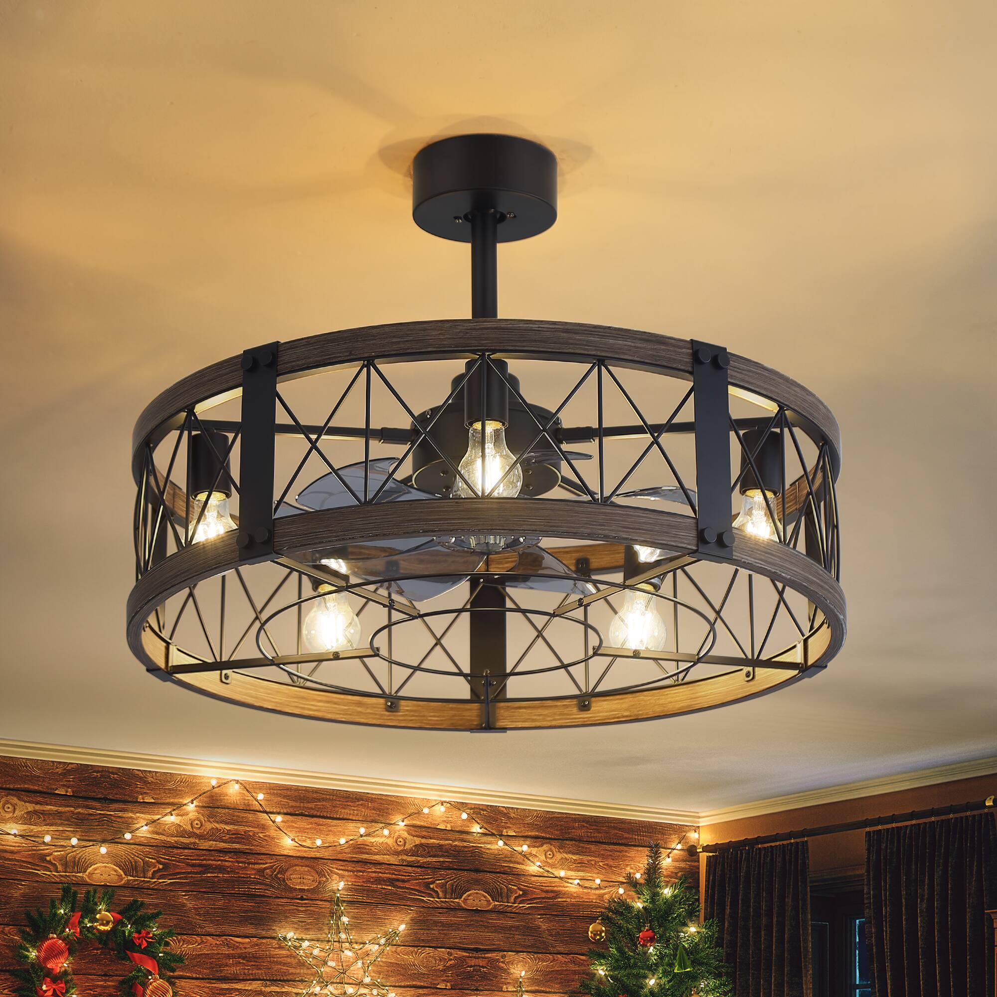 Left. Breezary - 28-Inch Ceiling Fan with 7 ABS Blades, 5-Light Cage Design, DC Motor, Reversible Mode, Timer, Remote, Downrod Mount - Black and White Oak.