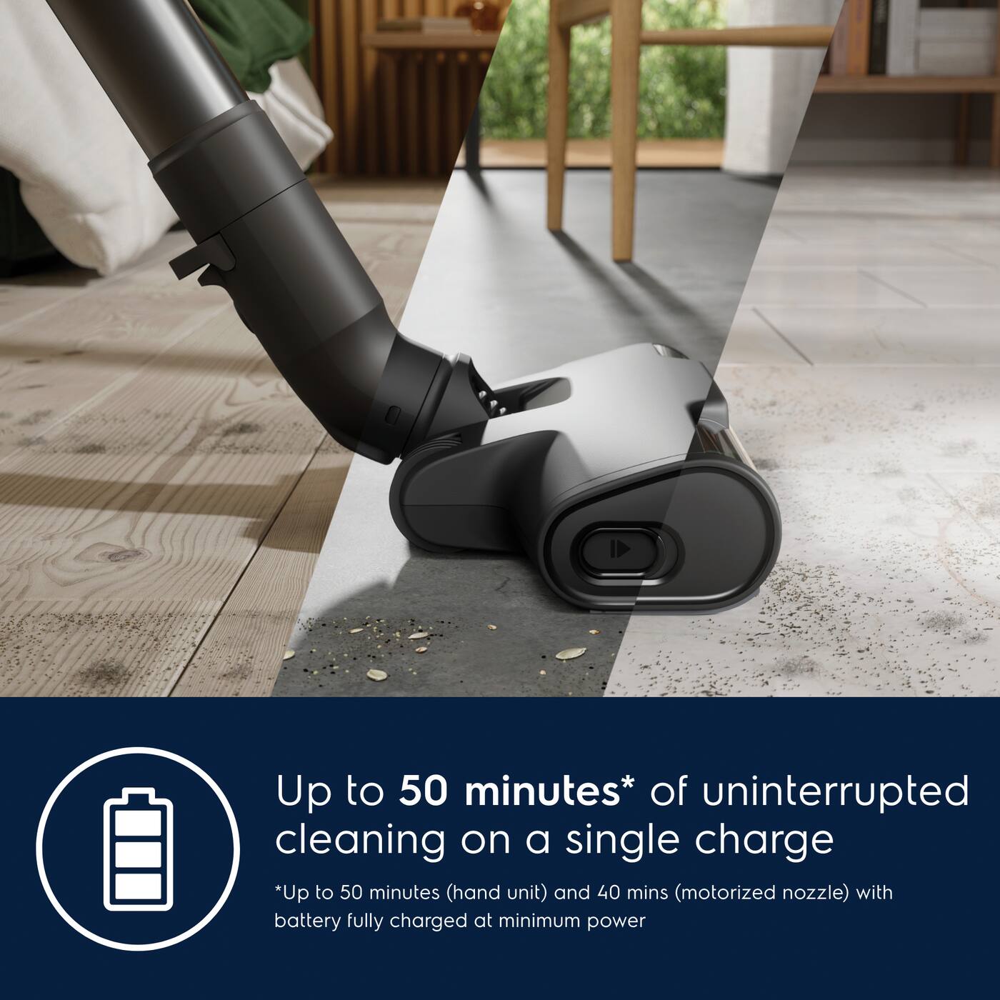 Up to 50 minutes* of uninterrupted cleaning on a single charge  
*Up to 50 minutes (hand unit) and 40 mins (motorized nozzle) with battery fully charged at minimum power