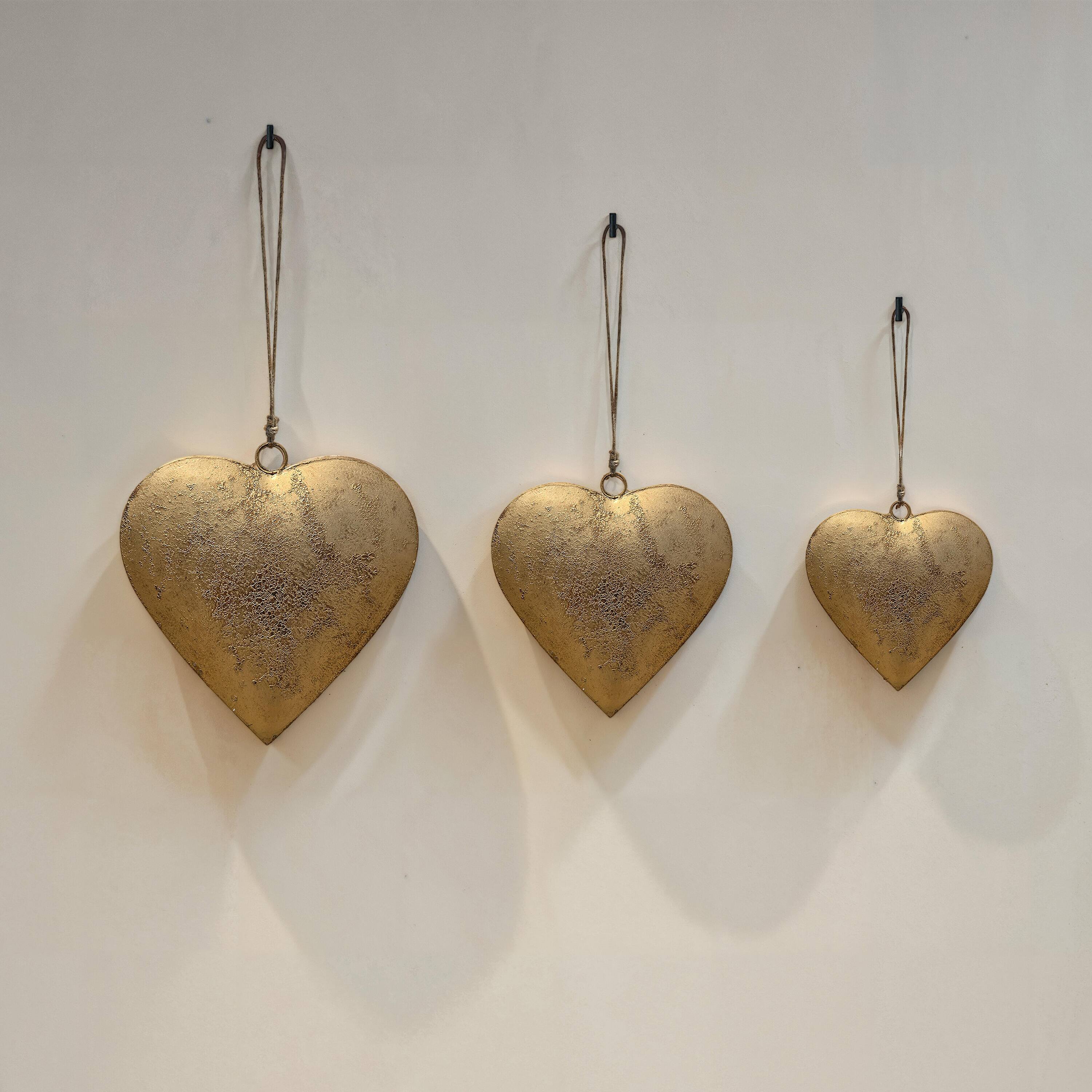 Alt View 7. Manhattan Lane - Myri Decorative Metal Heart Wall Decor Set of 3, Antique Gold Iron with Jute Hanging Rope, 12, 9.5, 7 Inches - Gold.
