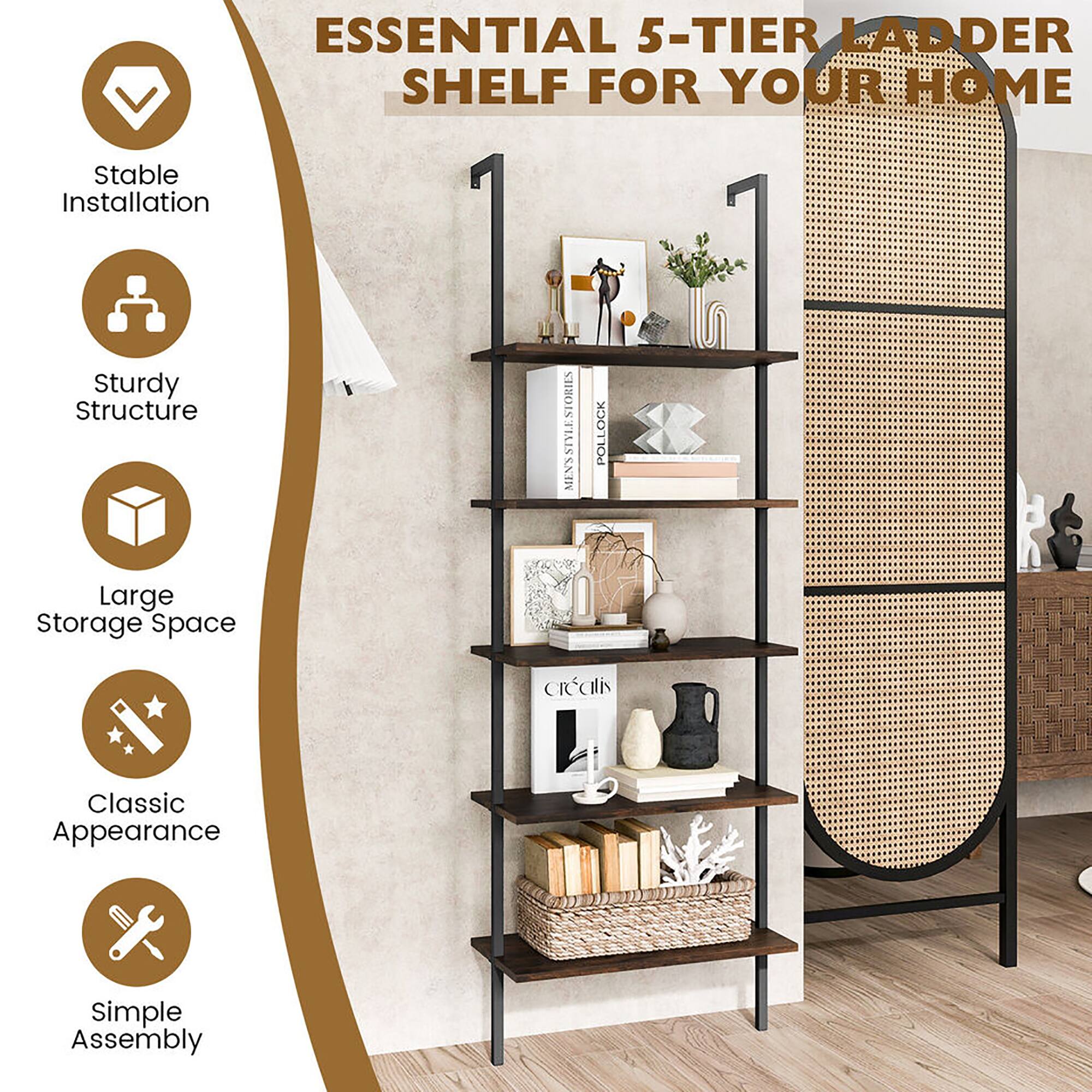 Alt View 4. Gymax - Gymax 5 Tier Ladder Shelf 71'' Height Wall-Mounted Bookshelf Display Storage Organizer - Brown.