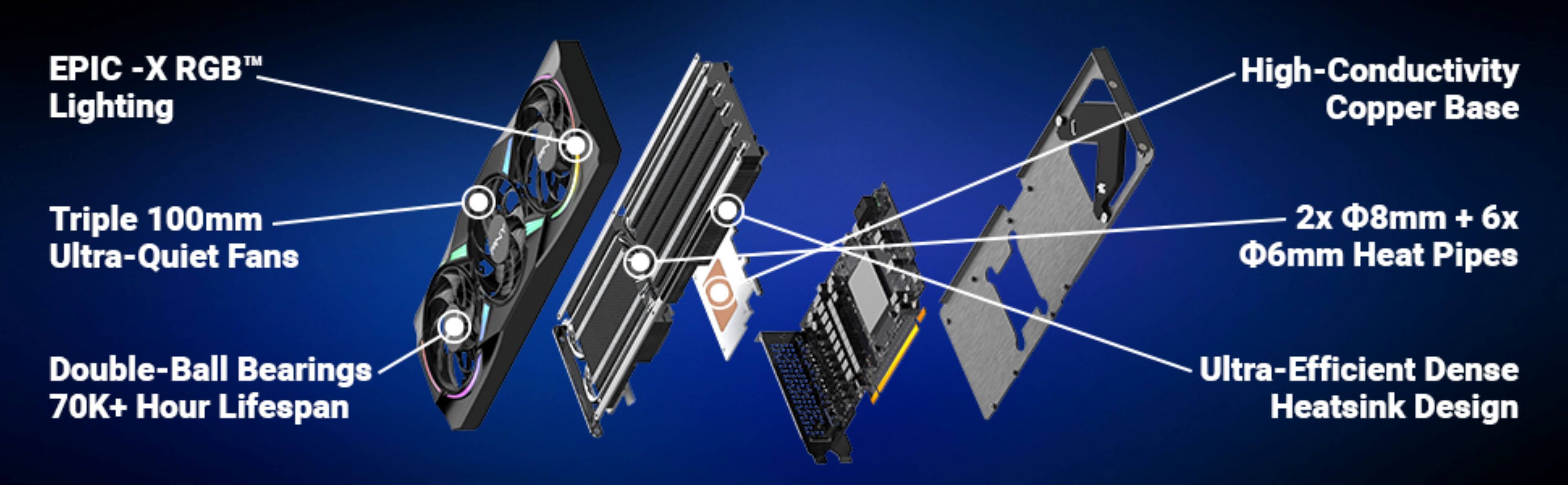 EPIC-X RGB™ Lighting  
Triple 100mm Ultra-Quiet Fans  
Double-Ball Bearings 70K+ Hour Lifespan  
High-Conductivity Copper Base  
2x Ø8mm + 6x Ø6mm Heat Pipes  
Ultra-Efficient Dense Heatsink Design