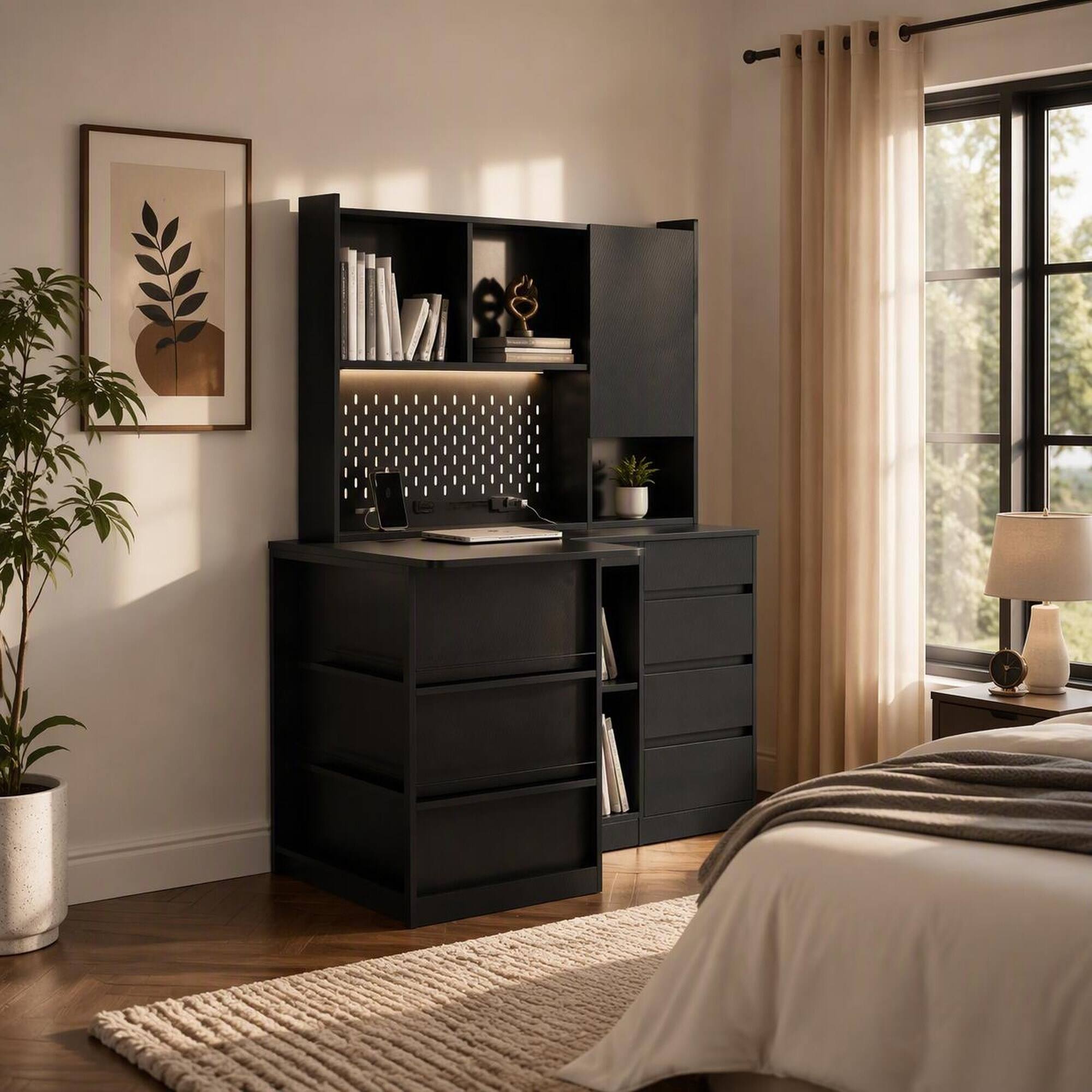 Left. RYHNUYNE - L-Shaped Corner Desk, White MDF Computer Workstation with Charging Ports, Storage Cabinet and Bookshelf, LED Light - Black.