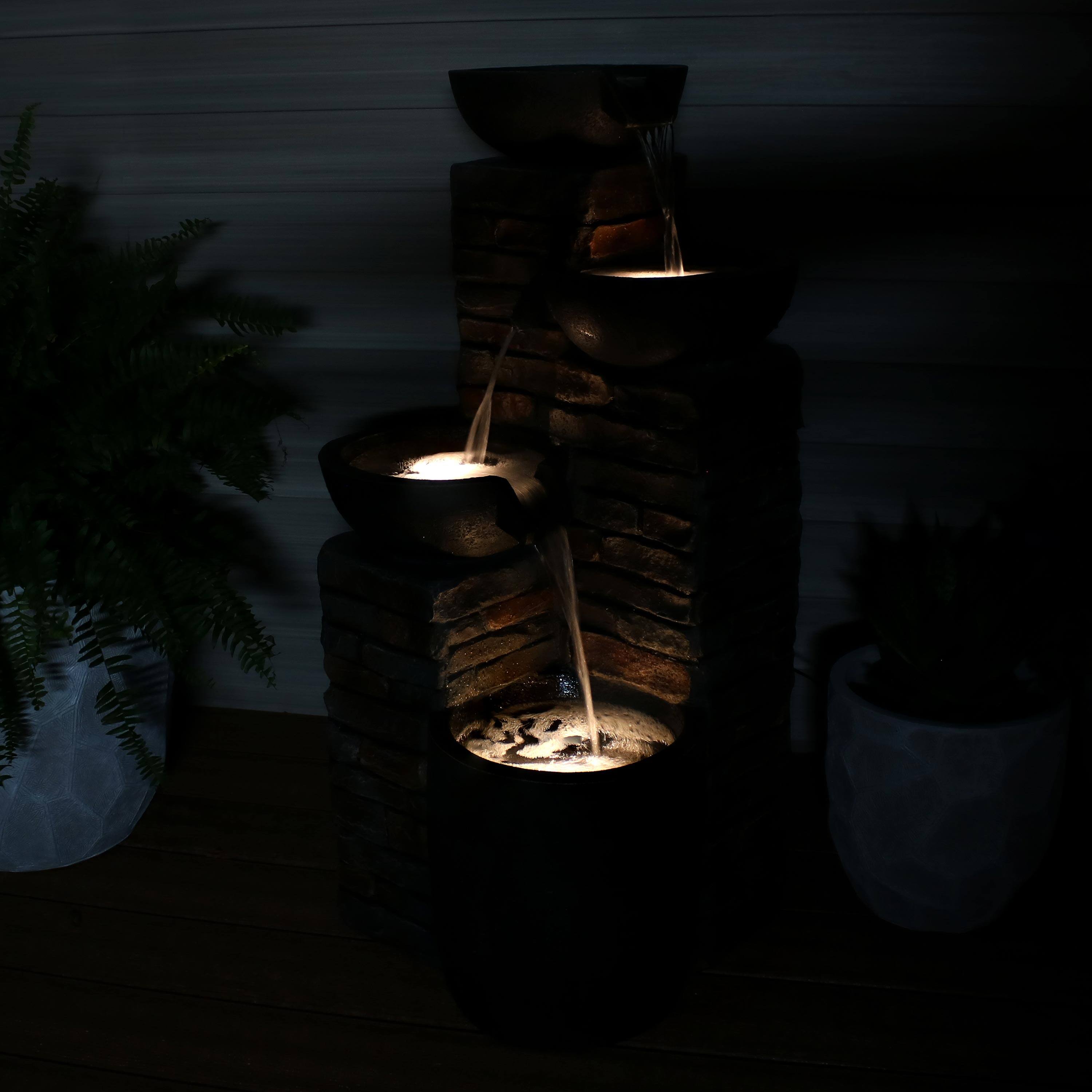 Alt View 4. Sunnydaze - Staggered Bowls Tiered Water Fountain with LED Lights - 34 in - Brown.