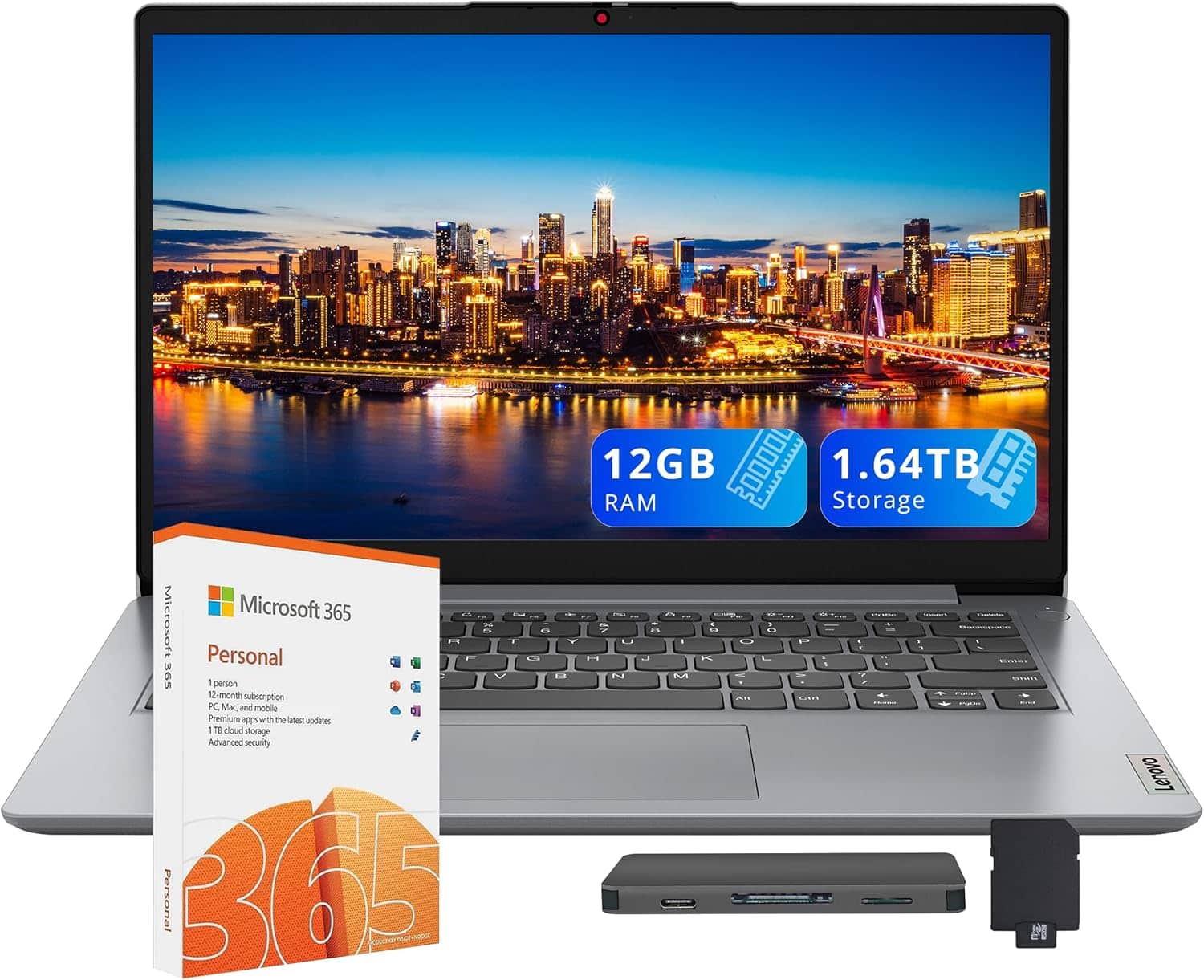 12GB RAM  
1.64TB Storage  

Microsoft 365 - Personal  
1-person 12-month subscription  
PC, Mac, and mobile  
1TB cloud storage  
Advanced security  

Lenovo