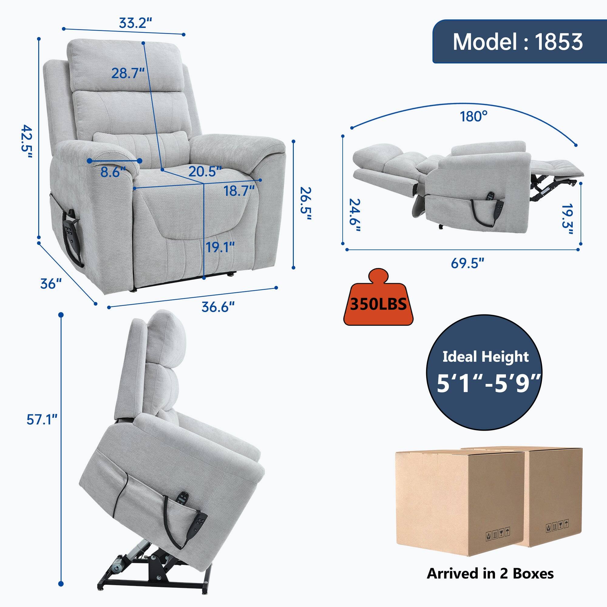 Model: 1853

- Height: 33.2"
- Width: 42.5"
- Depth: 36"
- Seat Height: 20.5"
- Seat Depth: 18.7"
- Armrest Height: 28.7"
- Back Height: 57.1"
- Reclined Height: 57.1"
- Reclined Depth: 36.6"
- Reclined Width: 69.5"
- Reclined Armrest Height: 19.3"
- Reclined Seat Height: 24.6"
- Reclined Seat Depth: 26.5"
- Reclined Width: 69.5"
- Weight Capacity: 350LBS
- Ideal Height: 5'1" - 5'9"
- Arrived in 2 Boxes