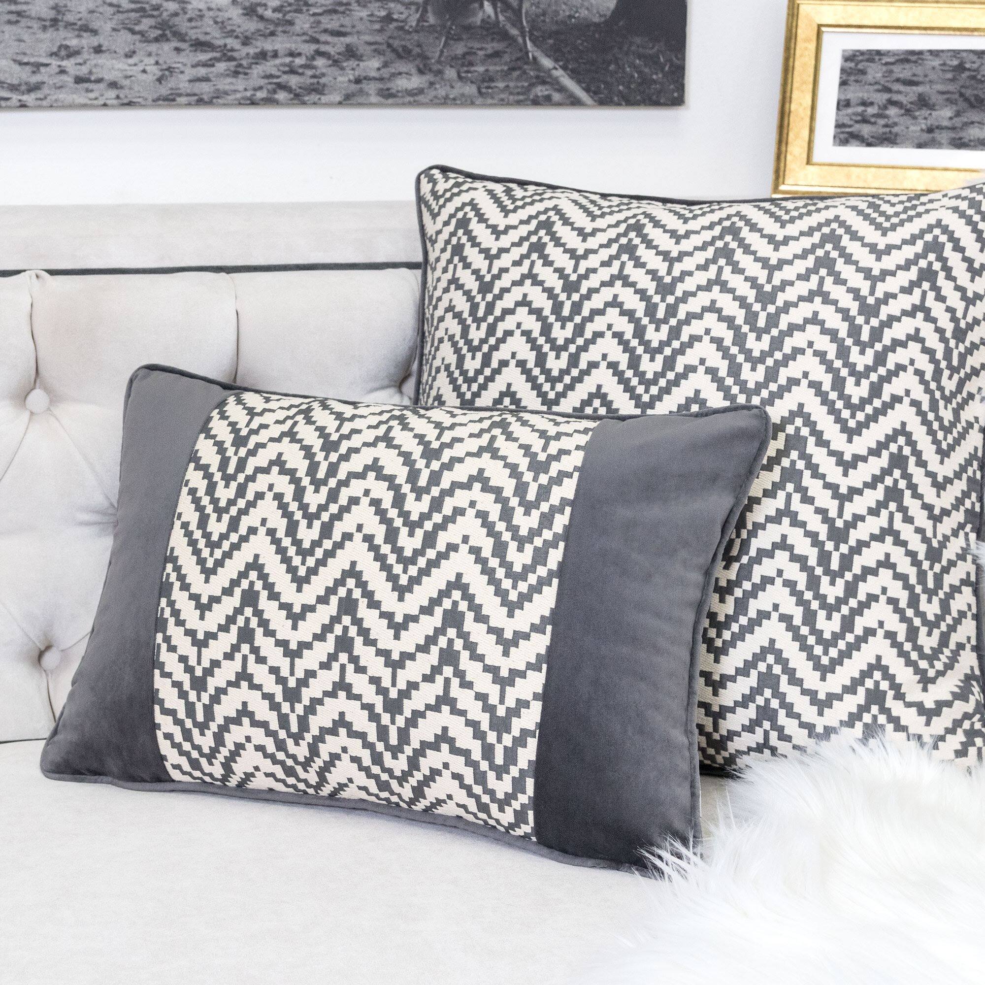 Left. LuXeo - Modern Chevron Lumbar Collection, Size: 14"x20" - GRAY.