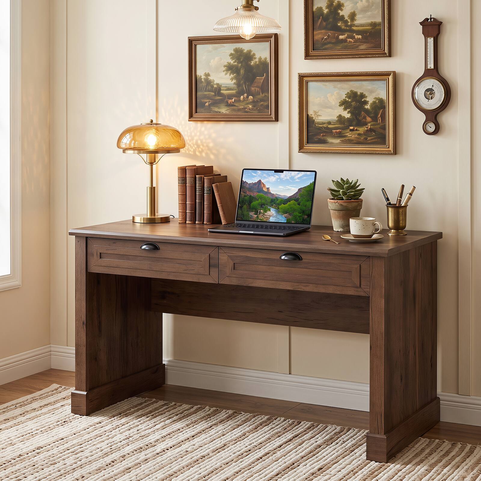 Alt View 3. Costway - Costway 48" Computer Desk with 2 Drawers, Home Office Desk, Wooden Workstation - Brown.
