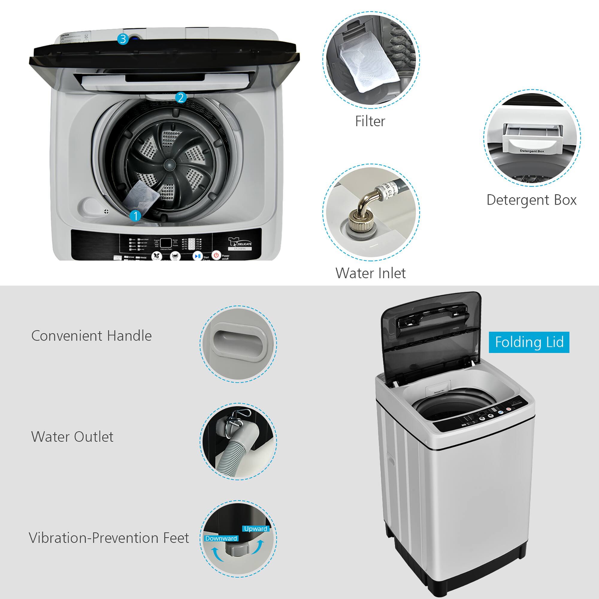 1. Filter
2. Detergent Box
3. Water Inlet
4. Convenient Handle
5. Folding Lid
6. Water Outlet
7. Upward Vibration-Prevention Feet
8. Downward