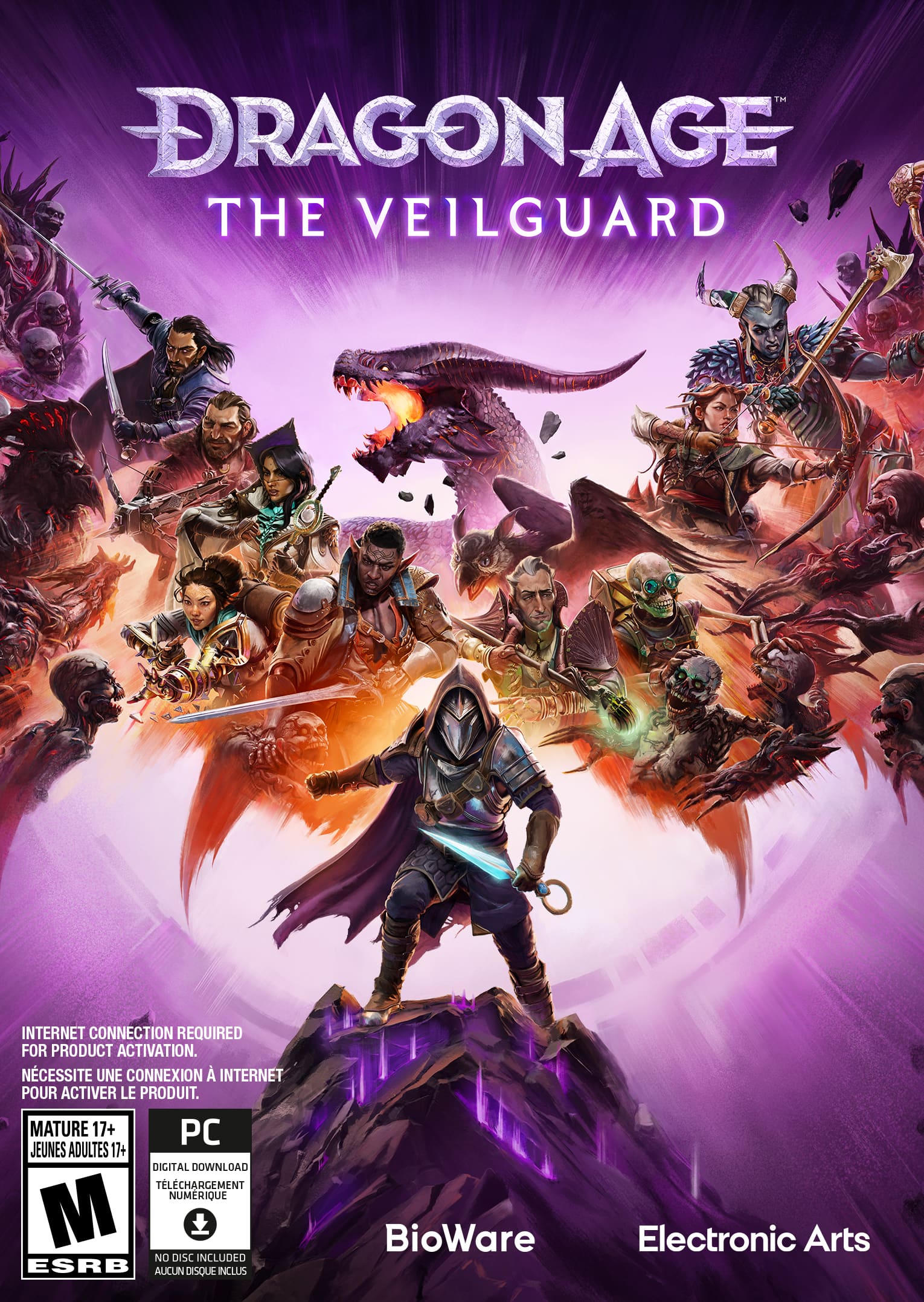 Dragon Age: The Veilguard is an action-adventure game that requires an internet connection for product activation. It is rated Mature 17+ and is available for digital download. The game is developed by BioWare and published by Electronic Arts.