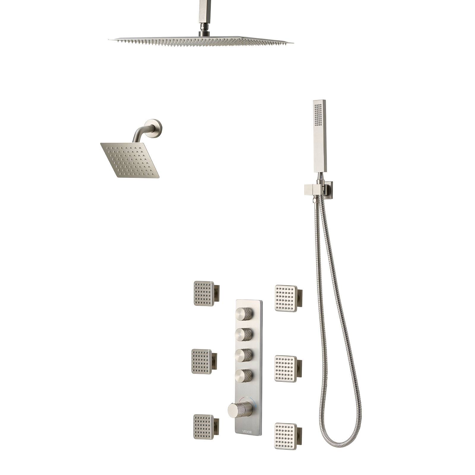 Alt View 5. VEVOR - Shower Faucet Set, 16 Inch Thermostatic Ceiling Mount Rainfall Shower System with 6 Inch Wall Mount Head, 6 Body Jets - Brushed Nickel.