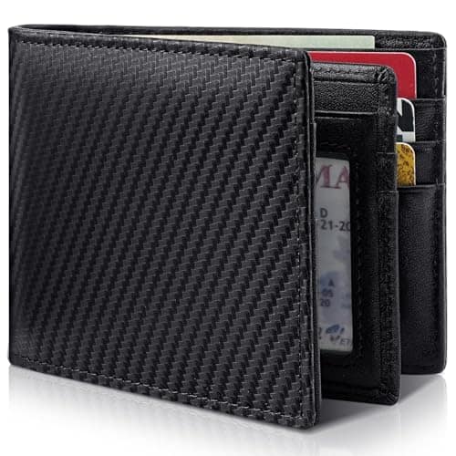 Vulpecula Spade - Mens Wallet Genuine Leather Bifold RFID Blocking Wallet for Men with 1 ID Window 13 Card Holders 2 cash pockets 1 Gift - Carbon Black