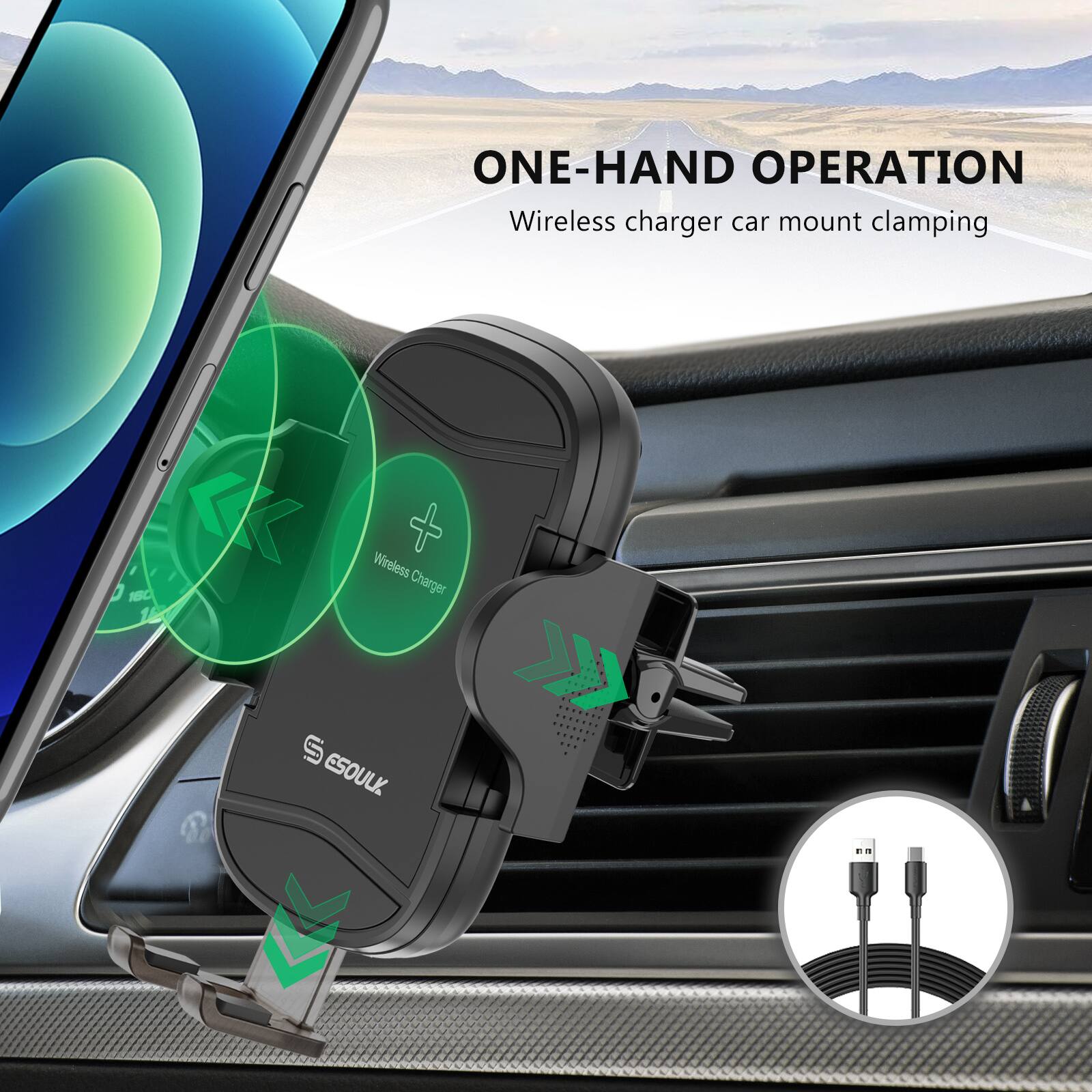 ONE-HAND OPERATION  
Wireless charger car mount clamping  
Wireless Charger  
ESOULK
