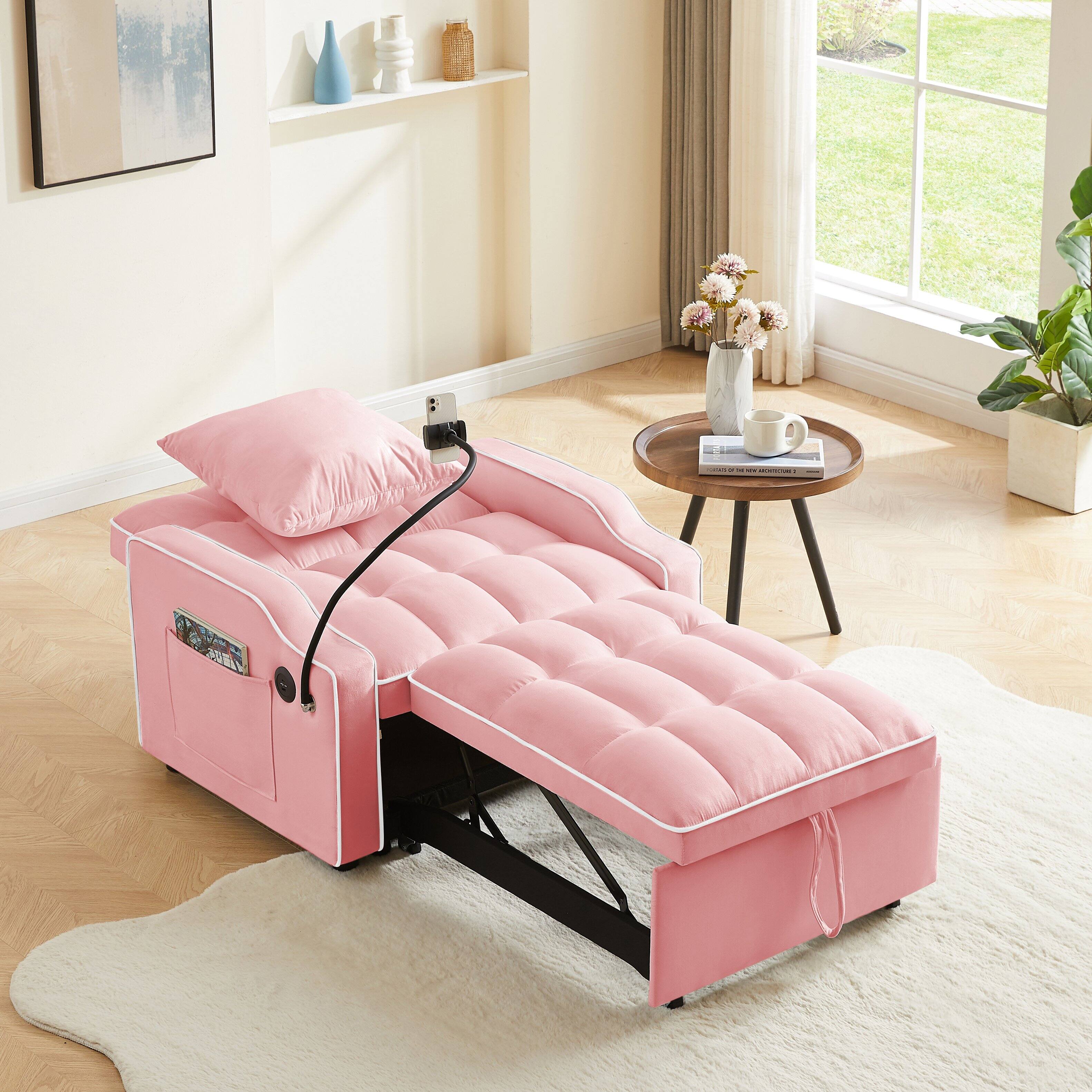 Left. MERAVOM - Convertible Sofa Chair Bed, 3-in-1 Velvet Pull Out Chair, Sleeper Chair Bed With Adjustable Backrest for Living Room - Pink.