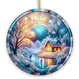 OrnamentallyYou - Magical Winter Lake Cabin Ceramic Christmas Ornament Stained Glass Theme Tree Decor - Multi-colored