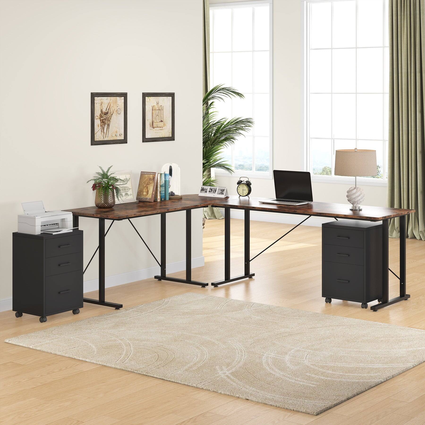 Alt View 2. Tribesigns - Office Computer Desk with Wooden Frame, Storage Drawers, for Computer Work, Writing and Study in Home Offices - Black.
