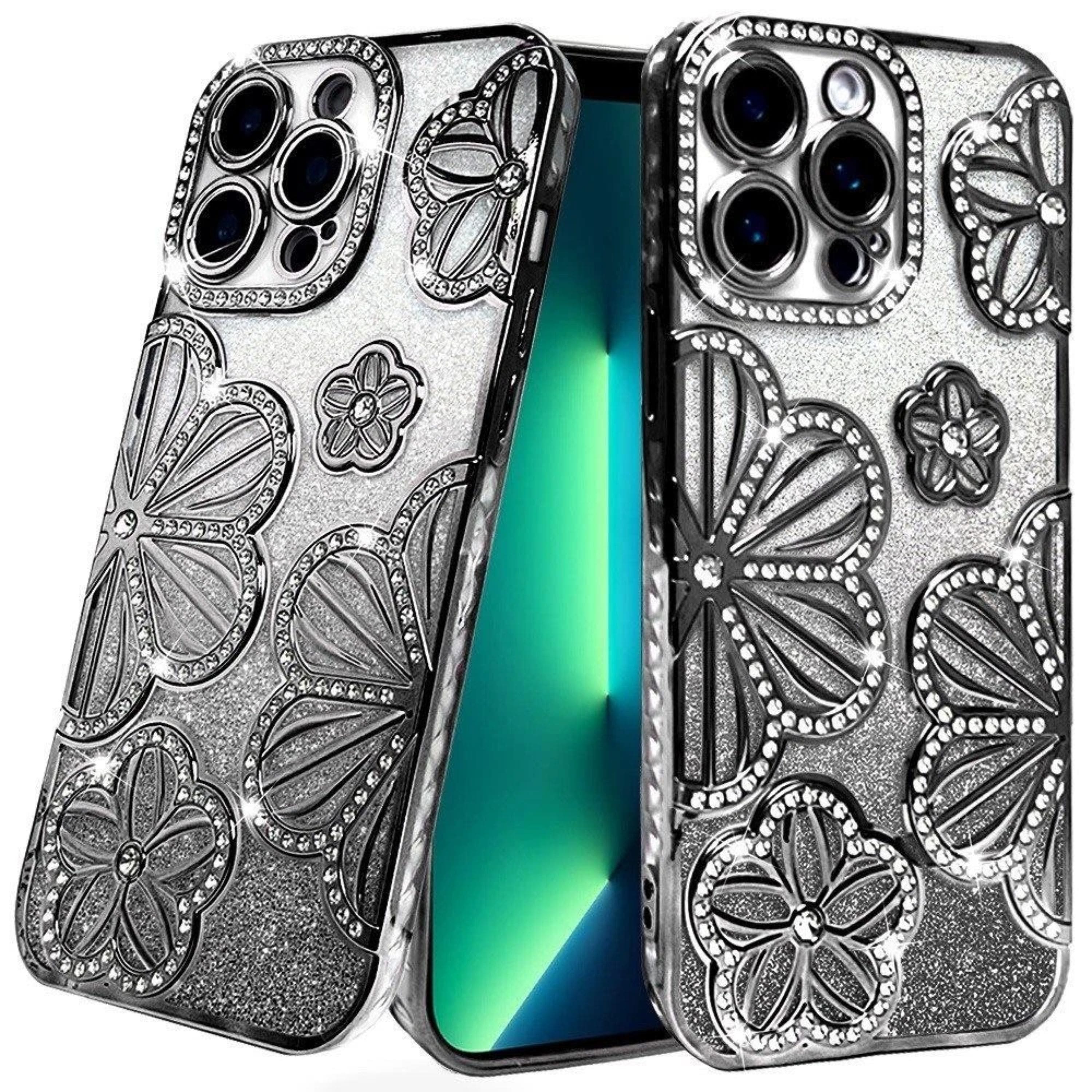 Kitcheniva - Bling Floral Case With 3D Rhinestone Glitter Cover For iPhone 13 Pro Max - Black