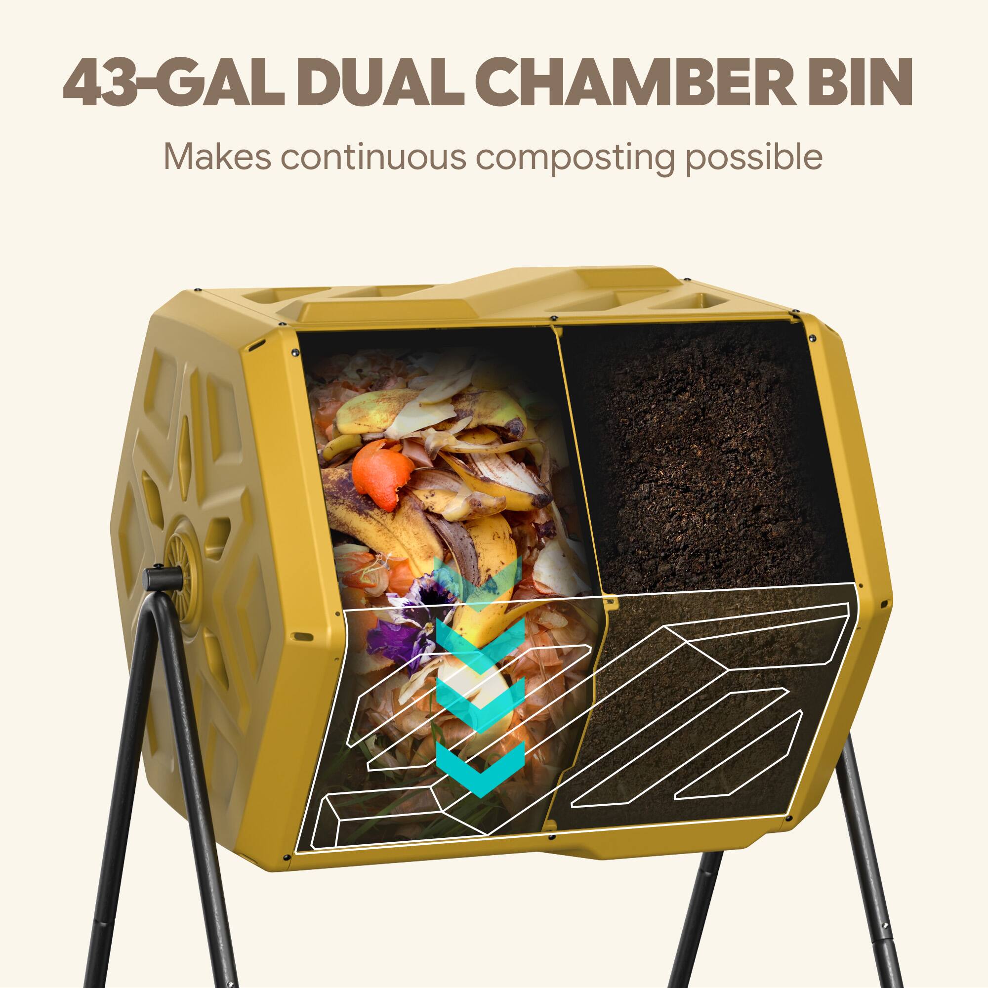 43-GAL DUAL CHAMBER BIN  
Makes continuous composting possible