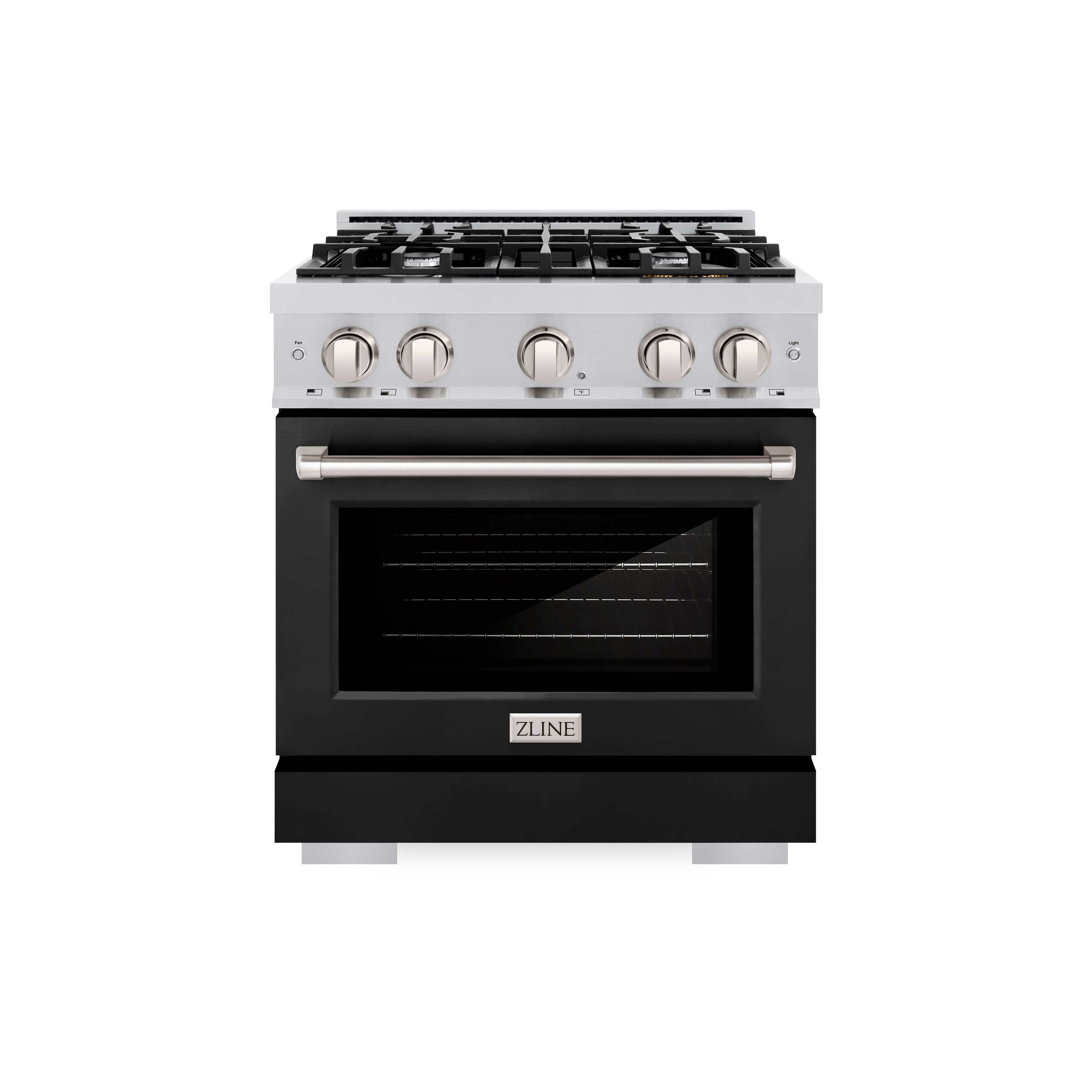 Left. ZLINE - ZLINE 30 in. 4.2 cu. ft. Freestanding Select Gas Range w/ 4 Burner Cooktop & Convection Oven w/ Black Matte Door - Stainless Steel.