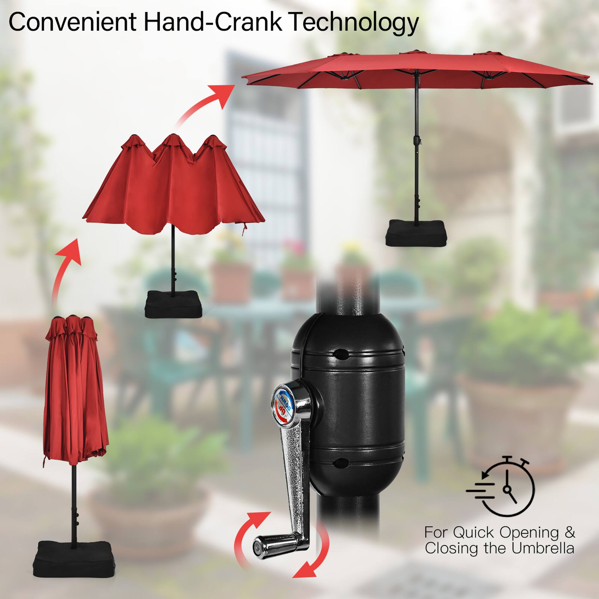 Convenient Hand-Crank Technology
For Quick Opening & Closing the Umbrella