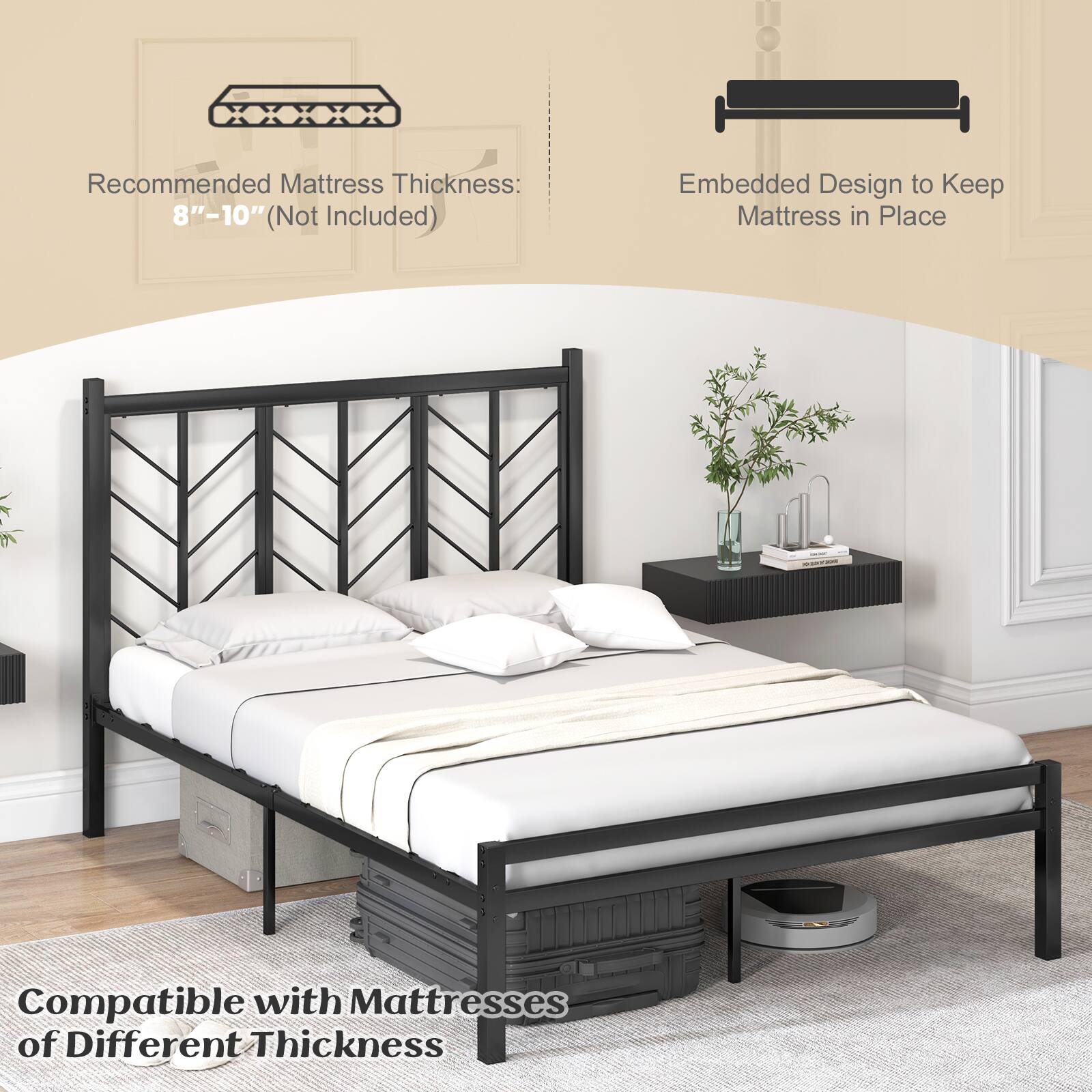 Recommended Mattress Thickness: 8"-10" (Not Included), Embedded Design to Keep Mattress in Place, Compatible with Mattresses of Different Thickness