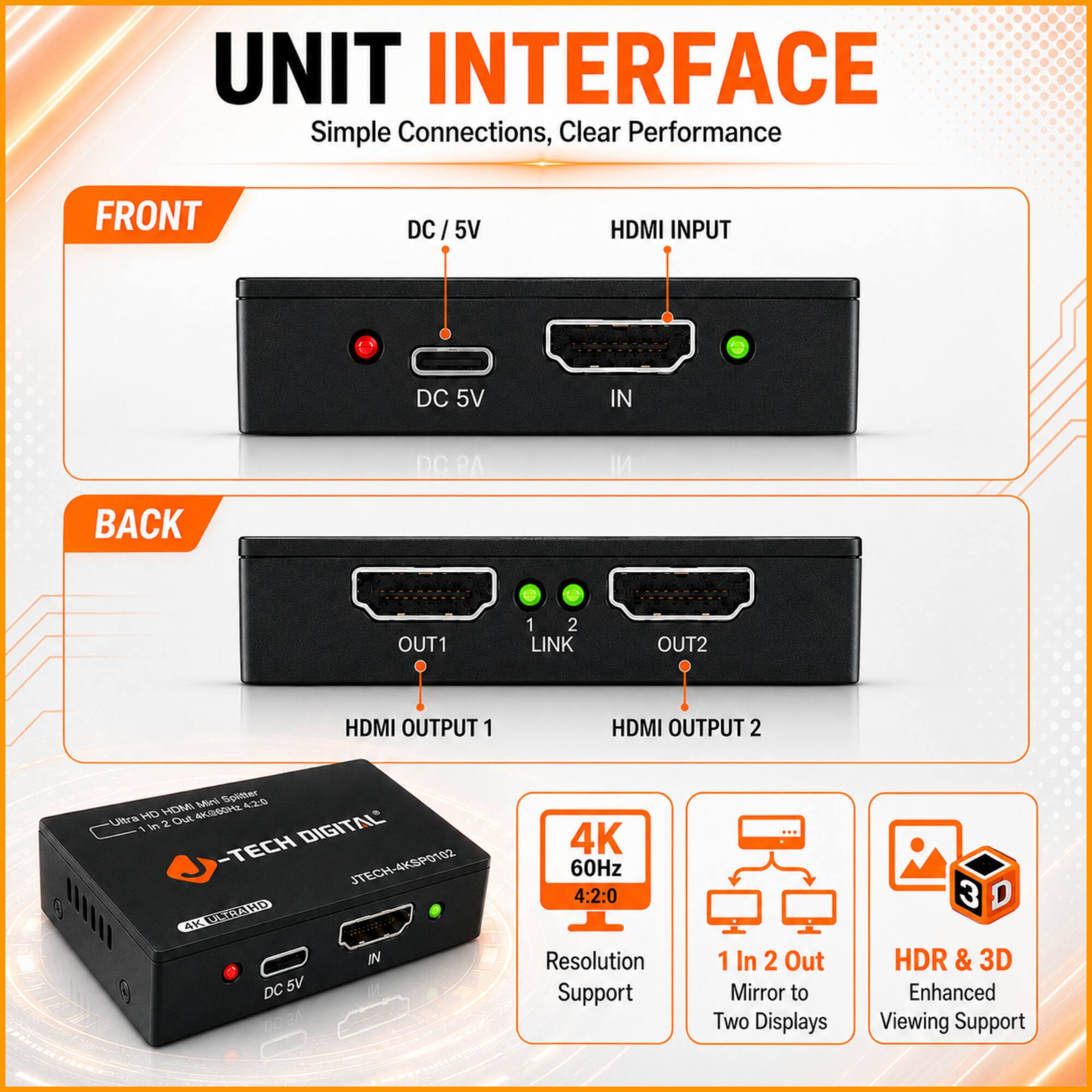 UNIT INTERFACE  
Simple Connections, Clear Performance  

FRONT  
DC/5V  
DC 5V  
HDMI INPUT  

BACK  
OUT1  
LINK  
OUT2  
HDMI OUTPUT 1  
HDMI OUTPUT 2  

JTECH DIGITAL  
JTECH-4KSP0102  
4K 60Hz 4:2:0  
Resolution Support  
1 In 2 Out Mirror to Two Displays  
HDR & 3D Enhanced Viewing Support