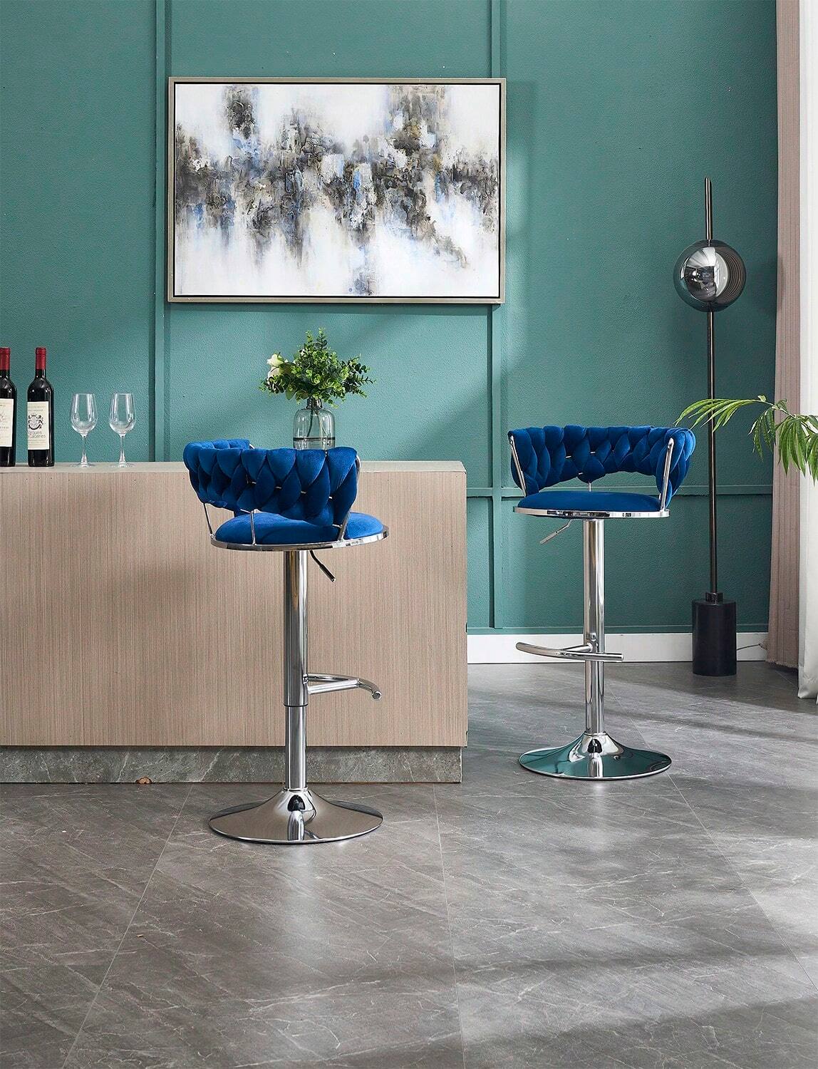 Left. Trinkets Crazed - Velvet Bar Stools Set Of 2, Modern Swivel Barstools With Woven Backrest, Adjustable Counter Stools - Blue.